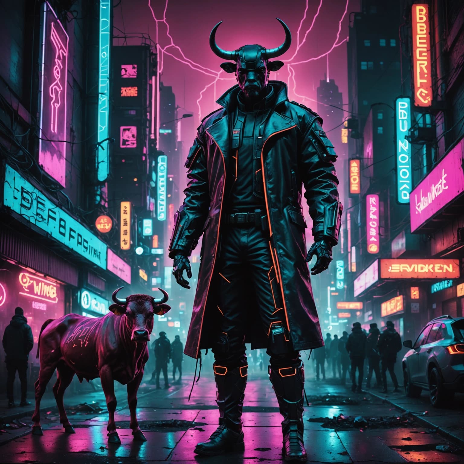 Create an image of a figure known as "Beef," standing in the foreground of a dystopian cityscape, illuminated by a backlit setting that casts a dramatic silhouette. The subject, Beef, is adorned in cutting-edge futuristic fashion, incorporating elements of cyberpunk aesthetics such as leather mixed with neon piping and holographic details. Beef is heavily augmented with cybernetic enhancements, showcasing a mechanical arm that glows with neon accents, and eyes that are replaced with advanced optical implants emitting a subtle, neon hue. The cityscape behind Beef is a sprawling urban environment filled with towering skyscrapers, all adorned with holographic advertisements and neon lights, reflecting a society that is both technologically advanced and steeped in corporate dystopia. The overall color palette should be dominated by bright neon colors, contrasting sharply with the darker tones of the city’s architecture and the shadowed figure of Beef. Include visual elements such as neon rain, reflective puddles on the ground, and the distant glow of flying cars’ tail lights, to enhance the cyberpunk atmosphere.