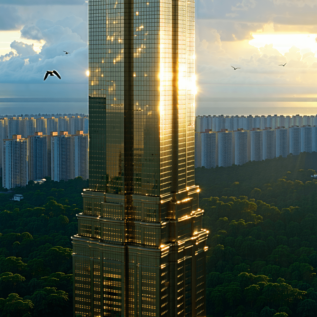 Create a hero banner featuring a skyscraper, captured with extreme perspective distortion to enhance its majestic scale. The image should be bathed in golden hour lighting, highlighting the intricate facade details of the building. Include a close-up of the metal textures on the facade, making the architectural details pop against the setting sun. Surround the skyscraper with a dense urban jungle, contrasting its modernity against the surrounding buildings. Tiny human figures should be visible at the base, emphasizing the skyscraper's enormity. Add dynamic elements like birds flying in the clear sky above and incorporate subtle mist or fog to add depth. The scene should be brought to life with futuristic holographic overlays, suggesting advanced technology integrated into the building's design. The image should adopt a monochromatic color scheme to focus on textures and lighting, with greenery seamlessly integrated into the building's structure to showcase its environmental impact. The overall mood should be impactful and clean, reflecting a professional, yet imaginative vision.