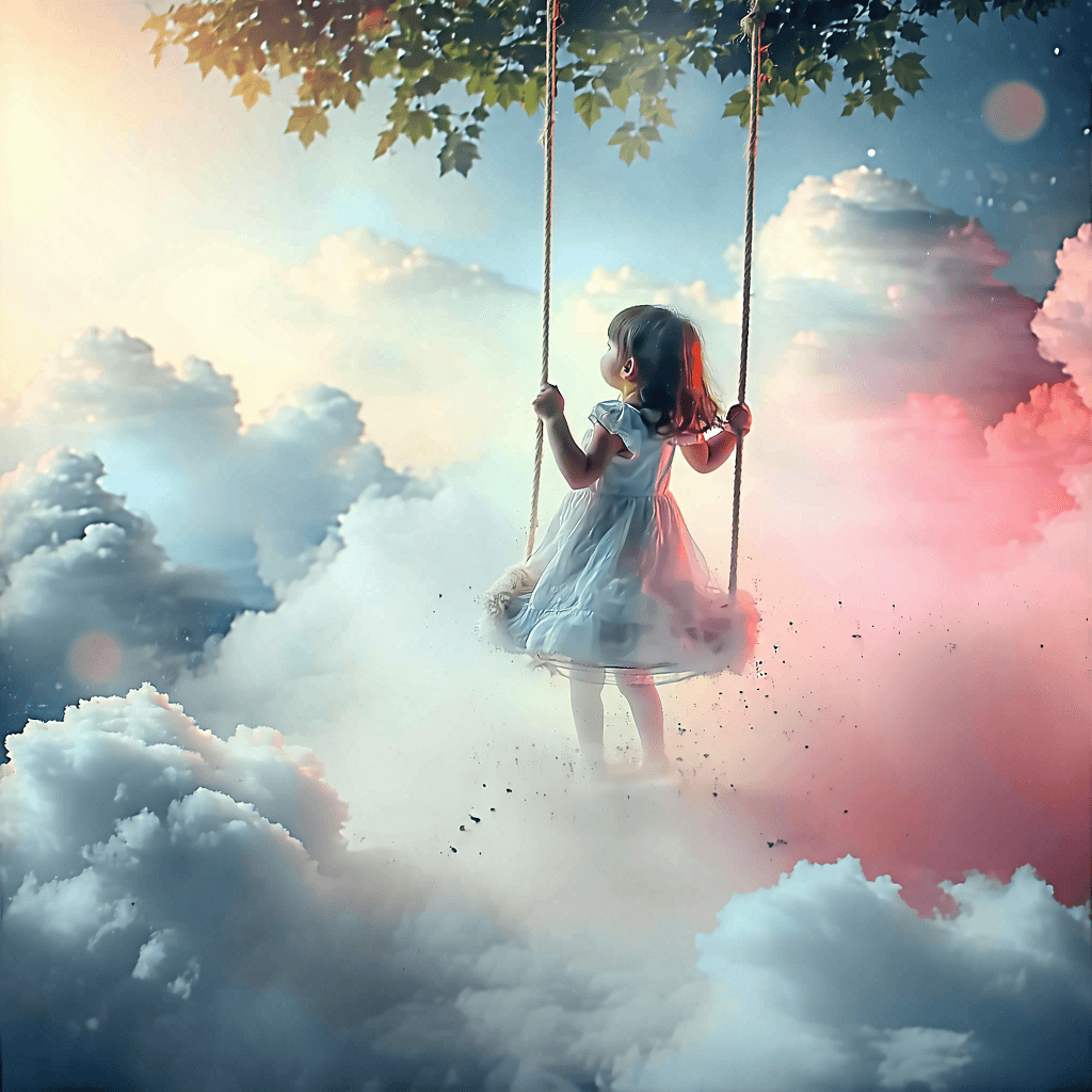 Create a piece of concept art capturing a young girl swinging serenely amidst the clouds, suspended in a dreamlike void. The scene is bathed in grainy, dreamy pastels, with a soft focus that enhances its ethereal quality. Employ forced perspective to magnify the whimsical feeling, making the girl appear larger and closer, swinging towards us. Overlay the image with a pastel gradient, adding a gentle wash of color that contributes to the surreal atmosphere. The clouds should have a distinct texture, almost tangible, with dynamic trails that emphasize the motion of the swing and the freedom it symbolizes. Integrate a glowing halo effect around the girl, highlighting her as the focal point against the whimsical backdrop of floating objects and celestial symbols. The girl's eyes are closed in bliss, capturing a moment of surreal emotion, while vintage film grain and dramatic light rays infuse the scene with a sense of timelessness and depth. Bird imagery and symbolic elements should be subtly woven into the composition, enhancing its mystical and atmospheric qualities.