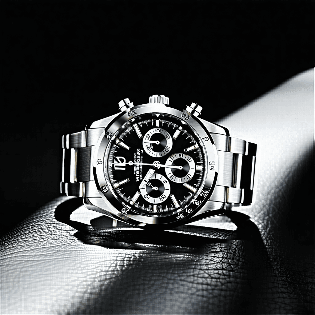 Craft a photorealistic image capturing a high-end luxury wristwatch, its band forged from brushed stainless steel, cradling a deep black chronograph dial. This masterpiece rests upon a richly textured charcoal leather surface, under the intense scrutiny of a focused spotlight streaming from the top-left. This illumination should cast precise highlights on the watch's bezel and glass, while plunging the surrounding scene into deep, thought-provoking shadows. The watch itself is positioned to offer a subtle glimpse of its metallic lugs and precision crown, showcasing unparalleled craftsmanship. The entire composition, bathed in low-key lighting, should evoke a sense of masculinity, sophistication, and premium quality. Adopt a professional studio setup with sharp contrast, crisp detail, and an editorial-grade realism. Visualize this scene through an 85mm lens, aiming for an ultra high resolution, commercial ad style with enhanced metallic reflections, a bird's eye view perspective, a focused depth of field, and intensified dark shadows for added mood and atmosphere. Subtly include the logo reflection on the watch's surface to highlight brand identity, and ensure the composition adheres to the rule of thirds for an optimized visual experience.
