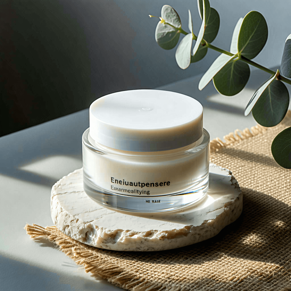 Capture a transparent glass skincare jar with a matte white lid, showcasing minimalist black typography. Place it atop a smooth stone slab, which rests on a natural jute fabric, creating a harmonious blend of textures. Illuminate the scene with soft, diffused lighting from above, using a softbox with a grid to gently highlight the glass texture and produce subtle, natural shadows. Experiment with capturing this serene composition both as a flat lay and from a 45-degree angle to find the perfect balance of depth and dimension. Integrate soft, blurred eucalyptus leaves in the corner for a touch of organic freshness. The overall feel should be spacious and clean, with a focus on neutral tones, the intricate texture of the materials, and the delicate typography. Apply focus stacking to achieve ultra-high resolution and editorial-quality sharpness, emphasizing the contrast between the materials and adjusting the white balance for true neutral tones. Adjust the exposure to perfectly balance the highlights and shadows, ensuring the matte lid and the transparency of the glass are distinctly visible while maintaining a minimalist, modern wellness aesthetic. Incorporate subtle, soft color gradients for a calming effect and refine edges for clarity, ensuring the brand's eco-friendly identity is subtly conveyed through the packaging's design.