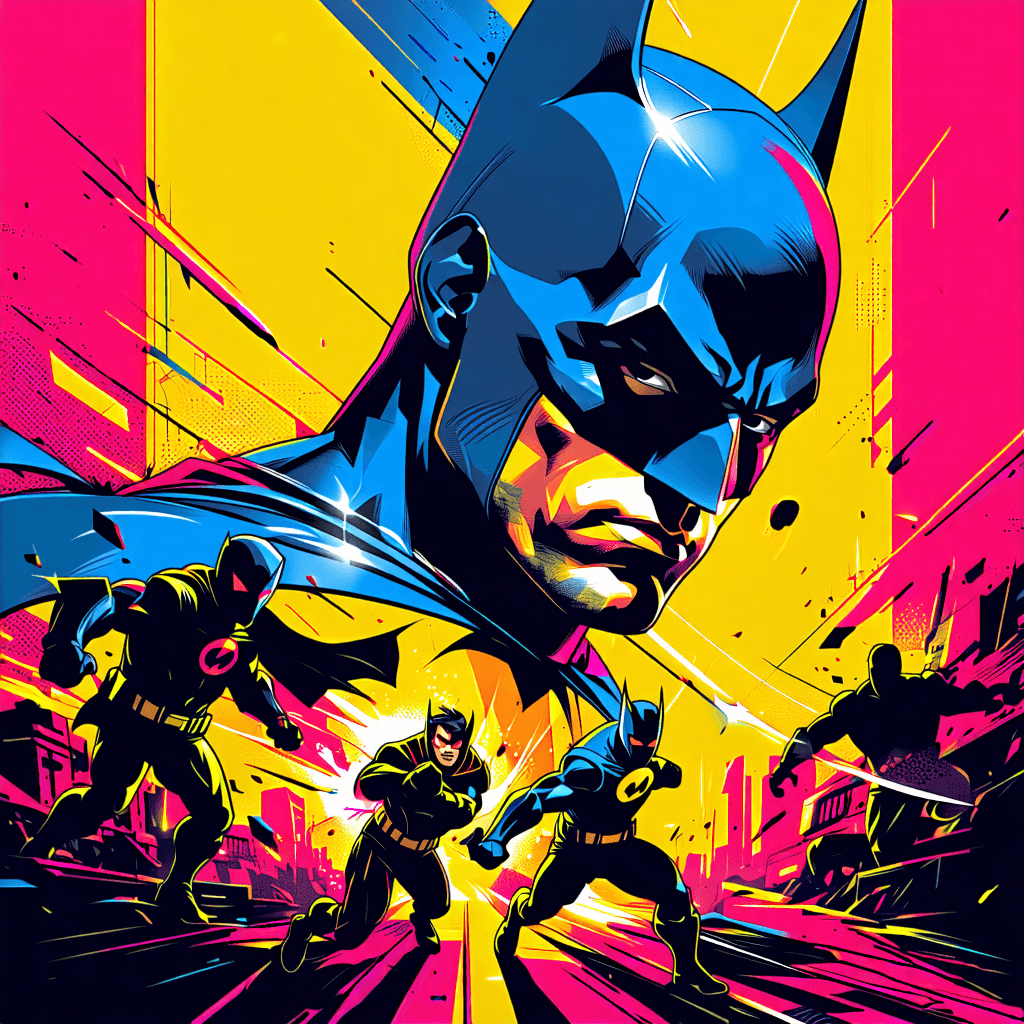 Create a vibrant, dynamic poster featuring the subject as described, with a richly saturated color palette that makes each detail pop. Infuse the scene with motion lines and character outlines to emphasize action and bring the characters to the forefront. The background should be detailed, adding depth, while the composition leverages dynamic angles to create a sense of movement. Integrate comic-style speech bubbles, subtly incorporating text that adds to the narrative without overwhelming the visuals. Experiment with halftone patterns to add texture, and use dramatic shadows to play with lighting, enhancing the overall mood. The poster should have a minimalist design, utilizing negative space effectively to focus attention on the main elements. Add visual puns and symbolic imagery to inject humor and tell a story, ensuring the final product has a bold, professional look that captures the essence of the subject in a memorable way.