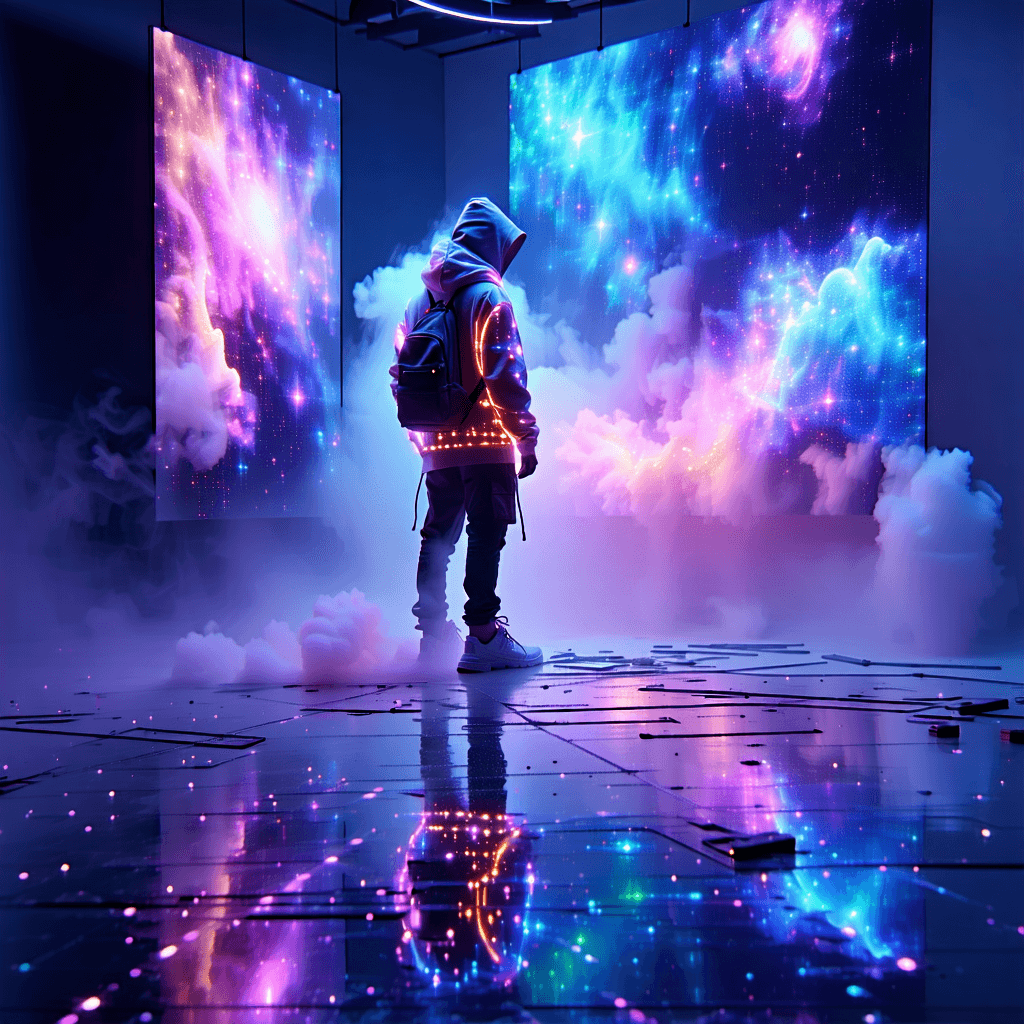 POSITIVE: Envision a scene where the essence of creativity and technology merge in an awe-inspiring display: A futuristic artist stands at the heart of a digital studio aglow with neon brilliance, crafting galaxies of pink, blue, and green with fluid, holographic brush strokes that dance in mid-air. Their attire, a stylized fusion of fashion and function, glimmers with LED accents, embodying the spirit of innovation. Around them, art comes to life, floating in 3D holographic displays, each piece a testament to the limitless possibilities of imagination. The studio, surrounded by abstract digital patterns, pulses with an energizing atmosphere, illuminated by cinematic soft lighting that casts a soft yet dynamic glow, highlighting every smooth motion of the artist's hand. This ultrarealistic scene, adorned with light sci-fi aesthetics, invites us to witness the harmony between human creativity and AI-powered tools, where particle effects around the brush strokes add a magical touch to the already electrifying environment.

NEGATIVE: Avoid dull colors, static backgrounds, traditional art tools, sharp/harsh lighting, flat 2D effects, and any clothing that might look outdated or mundane.