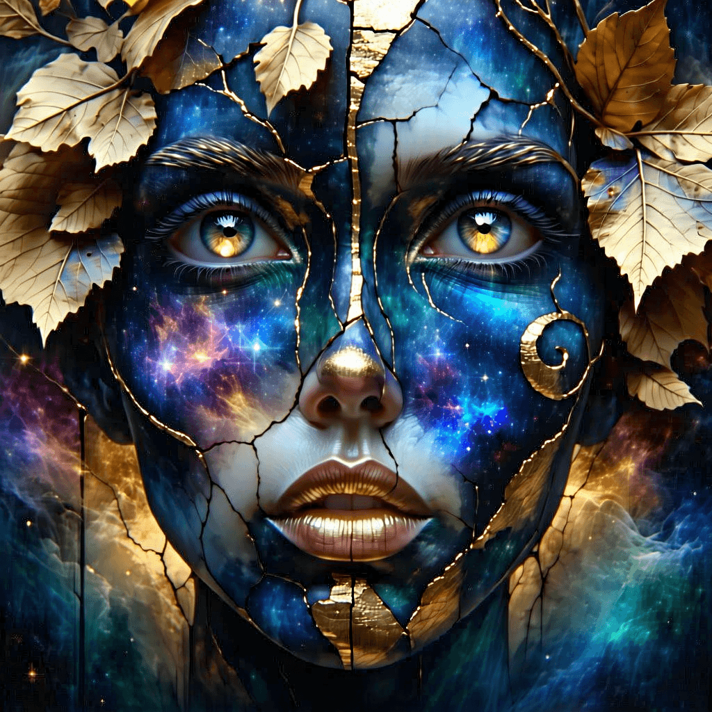 Craft a surreal artwork portraying a close-up artistic portrait of a fictional human. The skin mirrors the mesmerizing depths of a galaxy, adorned with swirls and nebula patterns, while the face gracefully integrates abstract elements like golden leaf halos and a cracked ceramic texture, suggesting a blend of the ethereal with the ancient. The eyes, oversized and profound, hold ancient wisdom, their irises glowing with a celestial light. Dramatic lighting accentuates the contrasting play of light and shadow, highlighting the golden warmth against the cool cosmic blues. The background unfolds into a celestial sky, dotted with floating islands, enhancing the surreal, dreamlike mood. Around the figure, mystic sigils and ancient runes float, alongside a cracked hourglass symbolizing the flow of eternal time. Ethereal effects, such as a glowing aura and flowing cosmic tendrils, infuse the scene with dynamic movement and a mystical atmosphere. The overall composition should evoke a sense of otherworldly beauty, blending surreal proportions, symbolic elements, and a harmonious color palette.