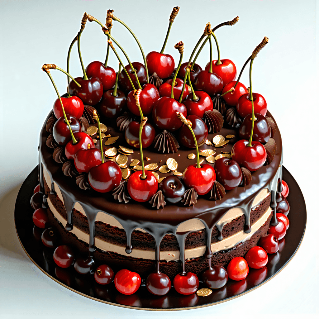 Envision a hyper-realistic, gourmet chocolate cake as the main subject, captured in high-resolution food photography style reminiscent of a DSLR shot with an 85mm lens at f/2.8. This cake boasts moist and fluffy dark chocolate sponge layers, with a cherry compote filling gently oozing between them. It is adorned with glossy, ripe red cherries and rich chocolate shavings on top, all enveloped in a smooth, glossy chocolate ganache coating. Decorative piped swirls of chocolate buttercream line the top edges, and scattered gold leaf accents add a touch of elegance. The cake sits on a white porcelain cake stand, which reflects the soft, natural lighting coming from a window, creating subtle reflections and soft shadows for depth. The composition is diagonal, guiding the viewer's eye through the decadent layers, with a focus on the glossy cherries to entice the senses. The color palette emphasizes deep browns and reds, enhancing the sense of decadence, while the lighting setup uses diffused natural light to cast soft shadows, creating a mouth-watering effect. A shallow depth of field captures detailed textures, with special attention to the subtle shine of the chocolate ganache and the reflections on the cake stand. The image should be taken from a top-down view to showcase the layers and fillings, incorporating subtle shadows to add dimension. Post-processing adjustments will enhance the chocolate tones, capturing the scene in RAW format for maximum detail retention.