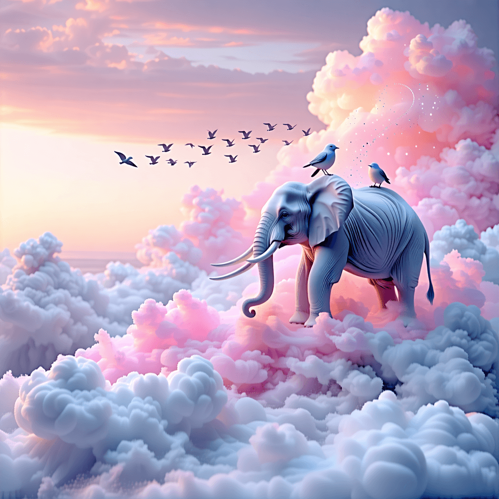Envision a serene, surreal landscape where the sky is a canvas of pastel hues, blending softly in a gradient that whispers of tranquility. At the heart of this dreamscape floats a majestic elephant, its very essence a testament to the power of gentle dreams. Unlike any earthly creature, its ears billow out, crafted from the softest clouds, a gentle swirl of cloud matter giving it an ethereal form. Perched upon its back, a congregation of small birds find sanctuary, their presence adding a touch of life to the dreamlike composition. As these birds take flight, they leave behind faint trails, weaving through the air in a dance of freedom. Surrounding the elephant is a subtle glowing aura, a halo of light that enhances its dreamlike quality, making it seem as though it's suspended in a realm of endless possibility. The entire scene is rendered in the style of gouache painting, where the brush strokes themselves tell a story of texture and depth, adding a tangible quality to the ethereal vision. The integration of cloud swirls around the elephant not only anchors it in this skyscape but also adds a dynamic movement, as if the sky itself is alive with the breath of dreams.