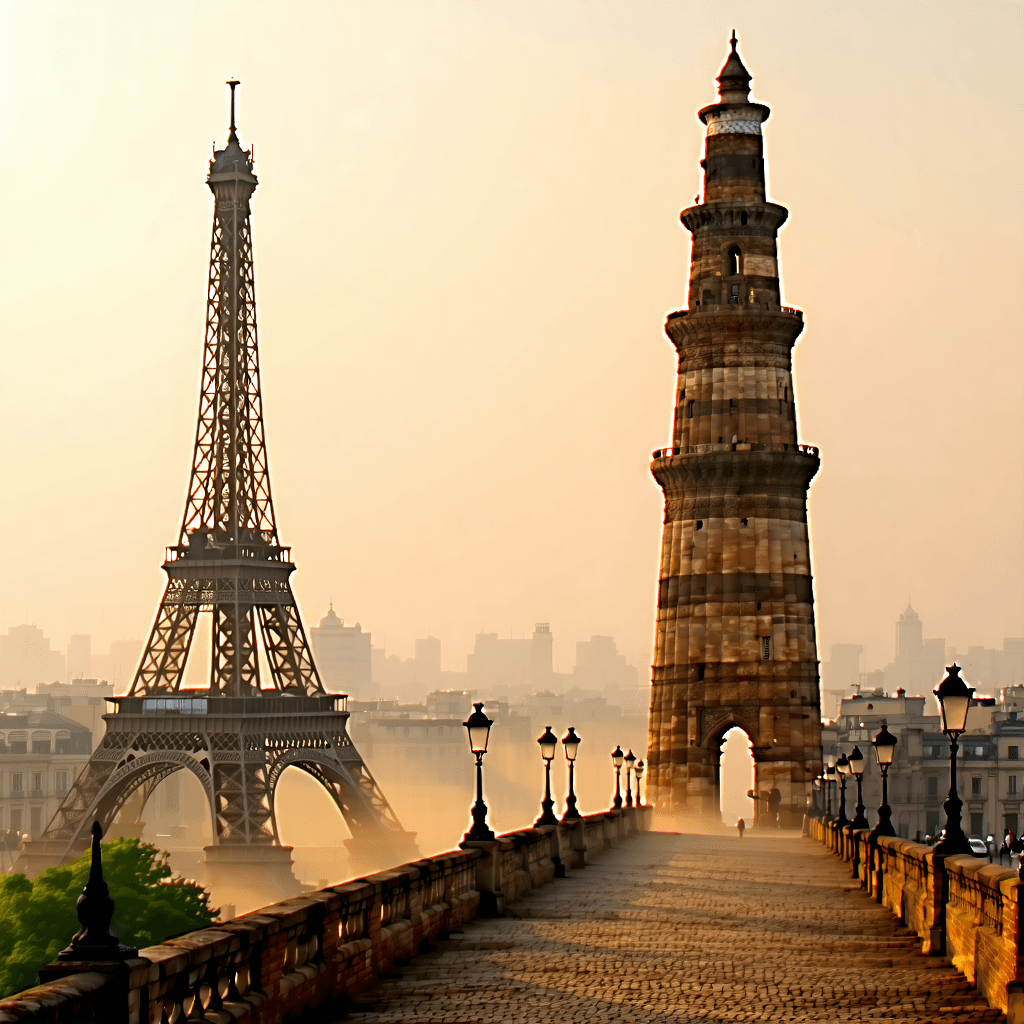 Create a photorealistic image capturing the surreal historic cityscape where the Eiffel Tower and Qutub Minar stand together in a wide frame, as if part of a forgotten world. The scene is bathed in sunlight filtering through a hazy, amber sky, casting soft shadows and highlighting the intricate details of each tower. Both structures are rendered with a hyper-realistic, artistic touch, showcasing their weathered and aged appearance with a patina of time. Ivy creeps up their bases, and the surrounding environment features old cobblestone pathways and worn brick walls, adorned with vintage lampposts. Dust particles dance in the air, enhancing the scene's vintage, rustic charm. The composition combines Indo-Islamic and French ironwork aesthetics, creating a timeless ambiance. The image is color graded with sepia and rustic earth tones, achieving a warm, golden-brown palette that evokes a historical fantasy. Aim for an Ultra-HD cinematic style, using a 50mm lens at f/4 to capture dramatic angles and perspectives, emphasizing detailed surface texture and rich surface detail.