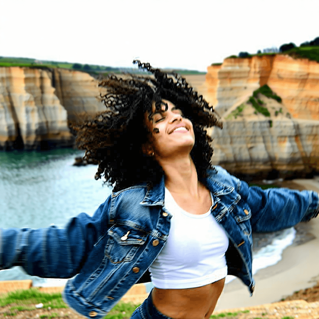 Craft a photographic portrait capturing a female model with dark, curly hair dancing in the wind, wearing a cropped denim jacket over a white tank top. She is framed from the head to waist, positioned slightly off-center according to the rule of thirds, embodying a candid and harmonious expression of joy. Her eyes, half-closed and focused as the central point of emotion, gleam with happiness under the soft, diffused natural light of a cloudy sky. The background reveals the rugged beauty of coastal cliffs, contributing to the serene mood. The composition should emphasize a shallow depth of field to softly blur the cliffs while keeping the model in sharp focus, highlighting textures such as the dynamic motion of her hair and the fabric of her clothes. Utilize soft and neutral color tones to enhance the image's natural and tranquil atmosphere, ensuring the wind's movement is visibly interacting with her hair and jacket, adding a sense of dynamic motion and life to the scene. Aim for a natural editing style that retains the realistic textures and details of the model's features, especially around the eyes and hair.