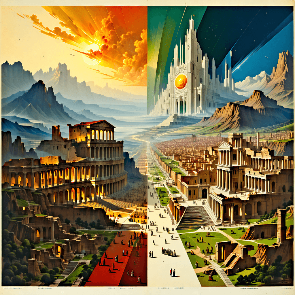 Imagine a breathtaking poster that captures an ancient Roman-like city caught in a temporal rift: one half stands in majestic ruins, evoking the grandeur of a bygone era, while the other half gleams with futuristic splendor, a testament to human innovation. This city is rendered in the classical Renaissance style, with exaggerated brushwork and glowing highlights breathing life into its stone and steel. The composition is split down the middle, showcasing the contrast between the aged stone textures of the ruins and the sleek modernity of the future. The color scheme is stark, with warm, earthy tones clashing against cool, metallic hues, emphasizing the surreal atmosphere. Floating architectural fragments drift between the two halves, symbolizing the passage of time. Mystical light rays pierce the scene, adding a layer of allegorical depth with their ethereal glow. The entire image is framed by an ornate Baroque border, enhancing its symbolic and emotional impact. This poster is not just a visual experience but a journey through time, marked by eerie silence and the overwhelming sense of an eternal divide.