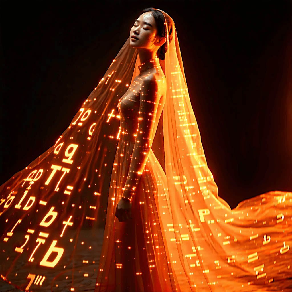 Create a photorealistic image capturing a serene woman with her eyes gently closed, draped in a flowing, translucent orange gown paired with a matching veil. The scene is enveloped in the soft, diffused glow of golden-hour lighting, casting cinematic shadows and highlighting the ethereal beauty of the moment. Alphanumeric symbols, glowing softly, are projected onto her skin and the fabric of her dress, adding a mesmerizing, futuristic touch. The image should focus on her face and upper body, utilizing a shallow depth of field to softly blur the background, thereby ensuring that the viewer's attention is captivated by the intricate details of the gown's texture and the ethereal symbols. The composition should be slightly off-center, enhancing the dynamic and visually appealing nature of the portrait. Warm tones, including gold and soft neutrals, should dominate the color palette, contributing to the peaceful and otherworldly mood. The veil should appear as if it's catching a gentle breeze, highlighting its delicate texture and translucency. Aim for a close-up shot that captures the nuanced expressions and natural beauty of her face, emphasizing the interaction between the soft lighting and the textures of her skin and gown.