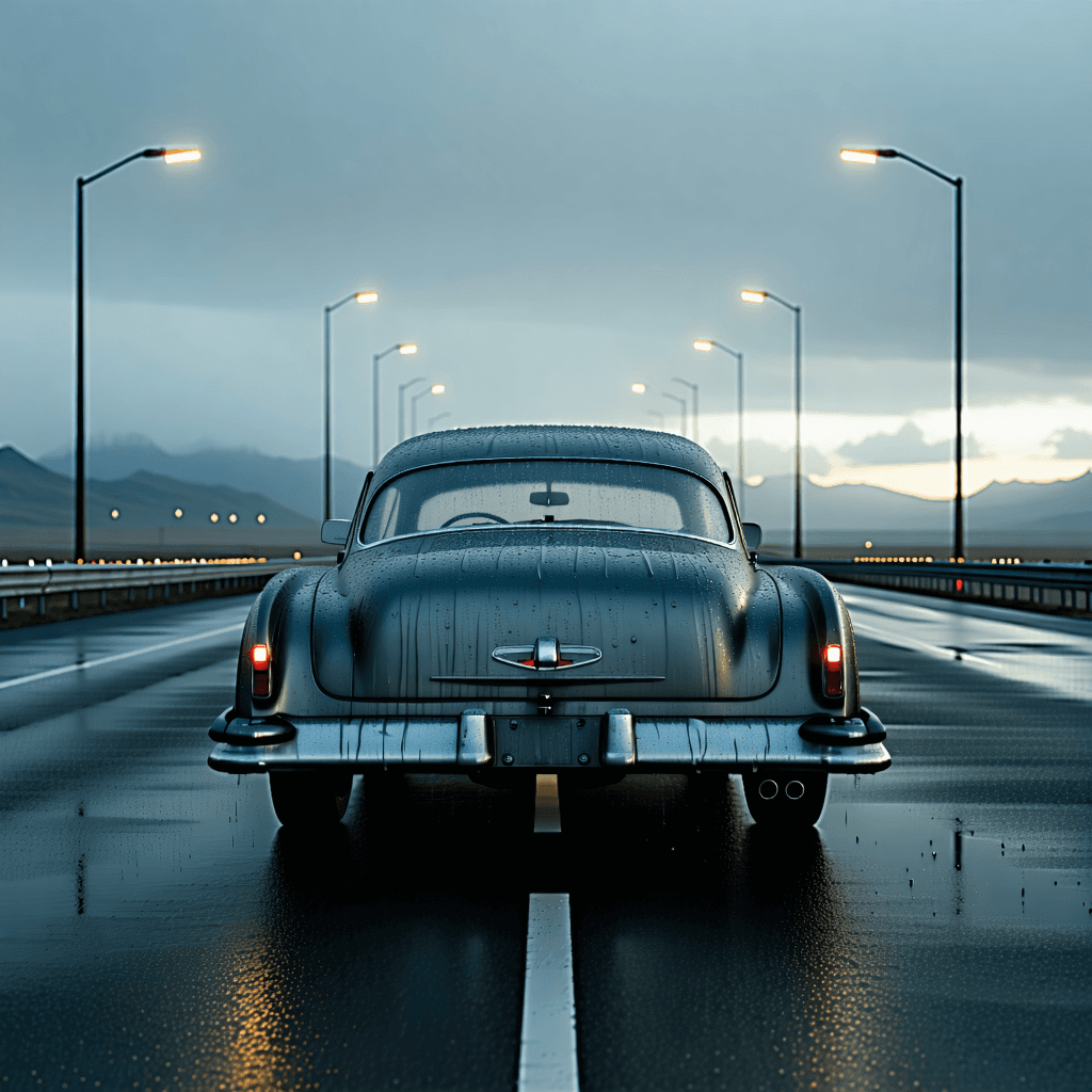 "Construct an ultra-detailed, photographic image revealing a classic car, its bodywork a subdued shade of charcoal with a satin finish, appearing as if decades have gently imprinted their marks of decay and usage. This car sits alone on an infinite highway, embraced by an aura of quiet and desolation. The setting is illuminated by the soft, indirect glow of twilight, throwing deep, mysterious shadows and accentuating the car's silhouette against the pavement. Dew droplets decorate its surface, each acting as