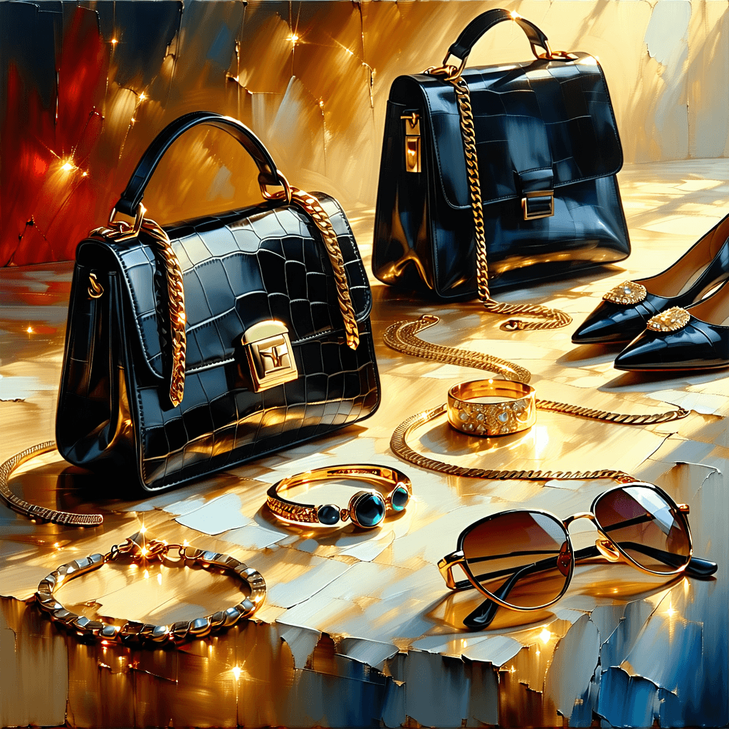 Envision a textured oil painting that brings to life luxury fashion accessories elegantly laid out on a velvet canvas. Imagine handbags, shoes, jewelry, and sunglasses, all under a soft golden spotlight that enhances their luxury. The painting should radiate elegance through thick, layered impasto brush strokes that not only enhance the texture but also create a tactile sensation. Focus on dramatic shadows and high-contrast lighting to bring out the intricate details and reflective surfaces of each item, making them sparkle. Employ a soft color palette to elevate the elegance, with careful attention to the rule of thirds to balance the composition. The accessories should be captured in close-up shots to highlight their lavish details, with artistic brushwork adding an artistic flair. Incorporate glassy reflections and dynamic angles to infuse the scene with drama. Floral motifs should subtly integrate with the items, adding a touch of nature. The overall mood is atmospheric and moody, aiming for a cinematic quality that's both detailed and imbued with a soft focus effect to emphasize glamour.