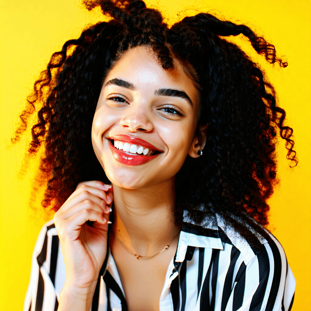 Craft a photorealistic image capturing the essence of a young woman exuding confidence and vivacity. She is depicted smiling, engaged in a conversation on her phone, her curly hair alive with intricate textures and highlights. She's dressed in a black and white striped shirt, her lips a striking red, setting a bold statement. The backdrop is a radiant yellow, its vibrancy enhanced to make the subject pop, with a subtle gradient adding depth. The lighting is soft yet bright, casting a gentle rim light around her to distinguish her from the background. The composition focuses on her, blurring the background slightly to bring her face and the lively expression into sharp relief. Every detail, from the subtle sparkle in her eyes to the texture of her skin, showcasing natural imperfections, is rendered with the utmost clarity and realism. The colors are harmonious, with a balance of shadows and highlights that enrich the visual contrast, and the entire scene is framed to highlight a modern, lively vibe, complete with a depth of field effect to enhance the photorealistic quality.