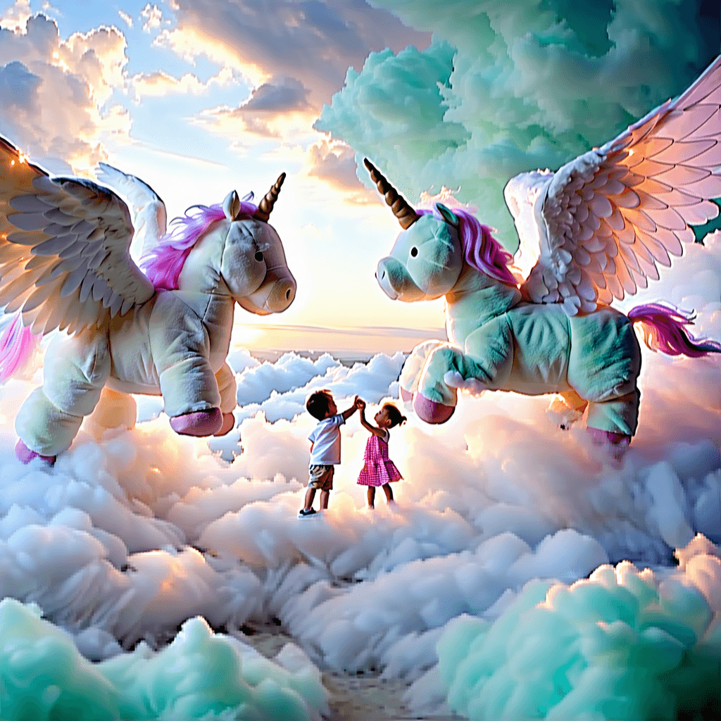 Craft a storybook illustration that captures the essence of a dreamlike floating playground nestled among the clouds. This whimsical realm is bathed in soft pastel hues of lavender, baby blue, light pink, and mint green, its atmosphere alive with childlike wonder. From a bird's-eye view, the exaggerated perspective reveals a vast sky, dotted with cotton candy clouds swirling in pastel and rainbow hues. Giant soft toys and fantastical creatures, including unicorns, flying pigs, and giant teddy bears, interact with delighted children. These gentle giants boast intricate patterns on their wings and elaborate embroidery, exemplifying ultra-detailed fantasy art. The scene is aglow with soft, diffused lighting that casts gentle shadows and highlights textures, enhancing the magical ambiance. Oversized elements like a giant teacup ride and enormous lollipops emphasize the fantastical scale, while whimsical trees with candy cane trunks and mushroom houses add to the fantastical flora. Swirling ribbons, floating balloons, and playful kites add a dynamic sense of motion. Magical effects like shimmering fairy dust and sparkling rainbows infuse the scene with wonder, leading the eye along a winding path to a mysterious castle in the clouds, promising hidden surprises and discovery. Emphasize the joy of childhood with scenes of children playing, exploring, and laughing amidst this otherworldly playground.