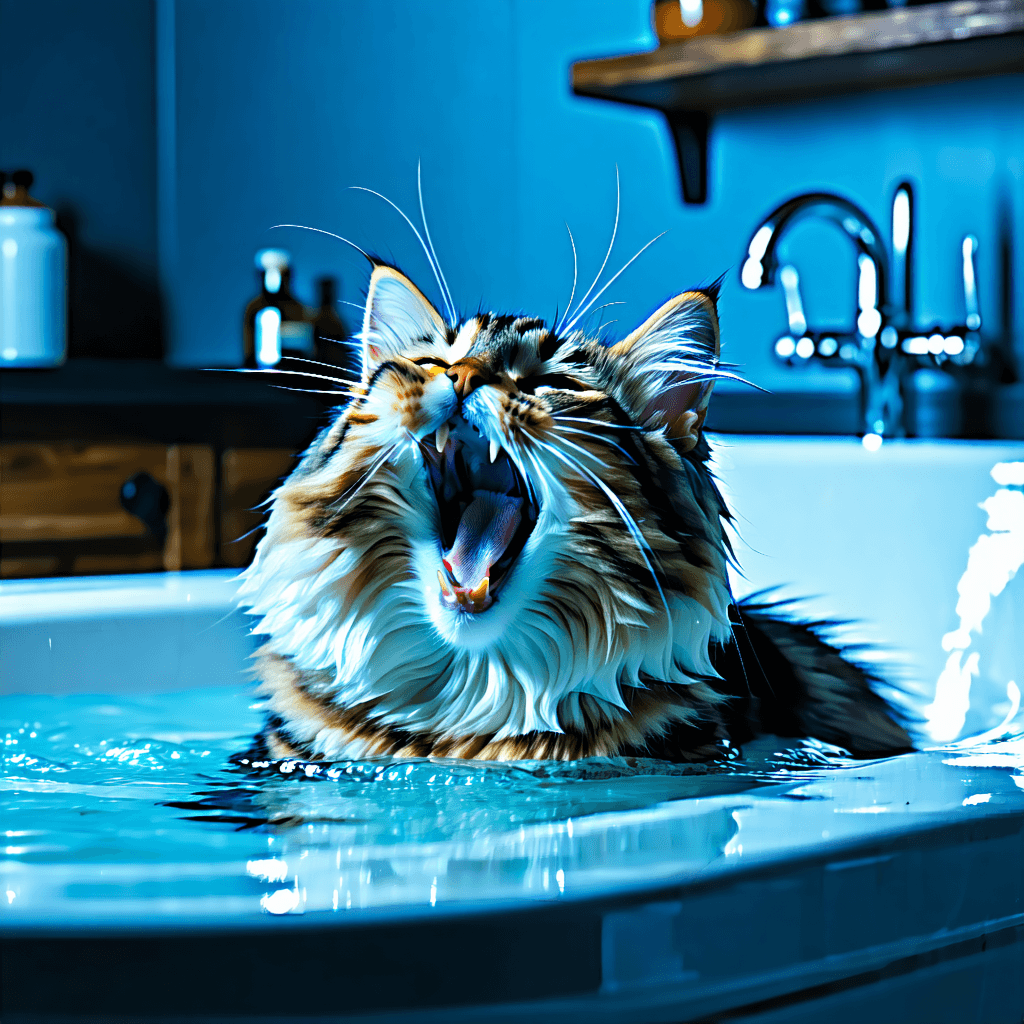 "Render a vibrant, artistic interpretation of a fluffy cat in mid-yawn by the edge of a filled bathtub, saturated in the dramatic, cool lighting of the blue hour. This scene should be depicted from a low angle perspective, nestled within the rustic charm of a farmhouse kitchen. The background should fade into a mix of pastel-blues, accentuating the stark contrast lighting. The emphasis will be on the striking close-up of the cat's features, showcasing its cheeky demeanor amidst a moment of