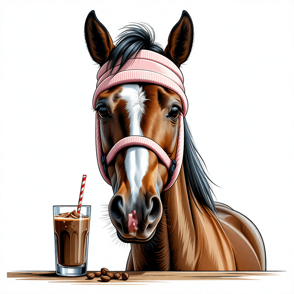 Craft a story illustration capturing the humorous essence of a horse, portrayed only through its face and neck, as it indulges in whey protein. The horse sports a head sweatband, its eyes gleaming with exaggerated, funny expressions that hint at its quirky personality. Emphasize the horse's features with realistic detail, while also weaving in fantasy through its whimsical accessories. Use a palette of earthy tones—browns, greens, and earthy reds—to complement the natural, canvas texture overlay. Illuminate the scene with warm, soft lighting to accentuate the texture and create a cozy atmosphere. Position the horse off-center for a playful composition, with its expressive body language hinting at motion. Surround it with subtle, nature-inspired elements and tiny animals in the background, enhancing the storytelling. Incorporate dynamic motion lines to suggest the horse's animated interaction with the whey protein, balancing realism with a touch of fantasy.