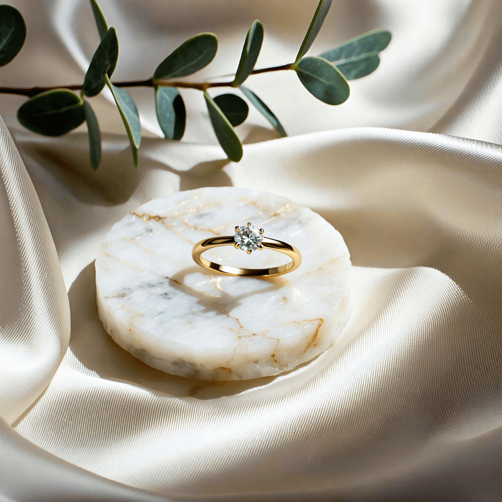 A meticulously styled product photography scene featuring a single 18k gold ring with a delicate, bezel-set round diamond, displayed elegantly atop soft, ivory-toned satin fabric. The satin is gently draped in flowing, organic folds, creating a landscape of highlights and shadows that evoke a sense of grace and movement. The ring sits centered on a small, circular marble dish with subtle veining, elevating its prominence and adding a touch of sculptural minimalism. A few dried eucalyptus sprigs lie diagonally across the background, their muted green tones providing natural contrast and an earthy balance to the opulence of the ring. To the left, a frosted glass perfume bottle with a gold atomizer sits slightly out of focus, evoking a lifestyle of sophistication and indulgence. A silk ribbon in a muted rose tone gently coils beside the ring, its edge curling into the foreground, enhancing visual depth and femininity. The entire arrangement is bathed in soft, side-oriented natural light — diffused through a sheer curtain — casting long, romantic shadows and catching the subtle sparkle in the diamond without introducing glare. The backdrop fades into a warm neutral gradient with creamy bokeh, created using a wide aperture and a professional macro 85mm lens. The composition is intentionally balanced, with negative space allowing the hero object — the ring — to remain dominant while telling a story of refined elegance. Ultra-high resolution, editorial-grade luxury product photography, perfect for high-end jewelry campaigns