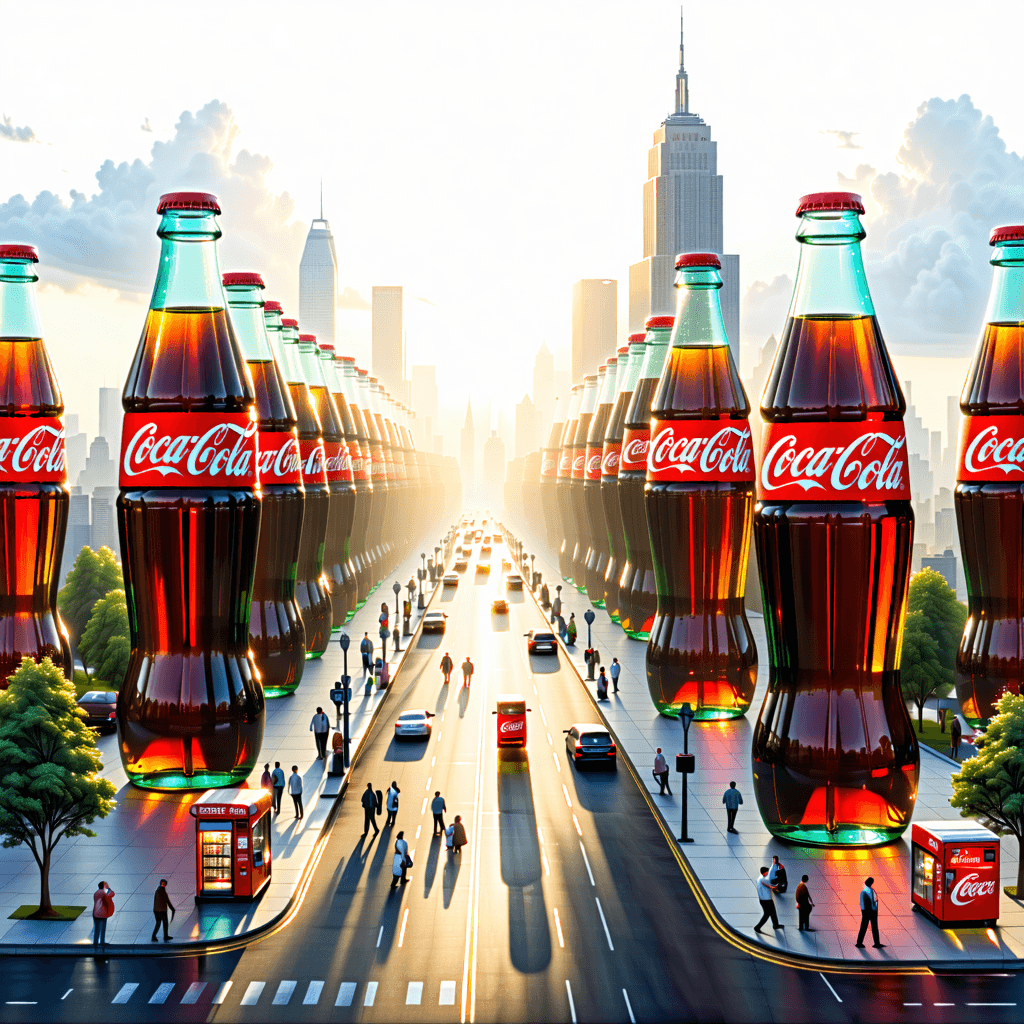 Create a photorealistic image capturing a surreal cityscape where skyscrapers are giant glass Coca-Cola bottles, illuminated by the warm, golden glow of the setting sun. The scene is viewed from a bird's eye perspective, showcasing streets paved with bottle caps and red vending machines serving as bus stops. Residents meander through this refreshment-fueled city, mini Coke cans in hand, under the dreamlike sky where clouds form dramatic patterns and soft mist adds an ethereal ambiance. The city's skyline is a dynamic composition of Coca-Cola bottle clusters, their glass surfaces reflecting the golden hour light with realistic precision. Subtle branding is seamlessly integrated into the urban environment on billboards, taxis, and street signs, enhancing the scene's dreamlike yet believable atmosphere. Overgrown vegetation softens the edges of weathered buildings, adding a touch of nature to the urban setting. The color palette contrasts warm red hues with cool tones, emphasizing the surreal, yet photorealistic quality of the image. Ensure the image has the clarity and detail of professional photography, with sharp focus, realistic textures, natural lighting, and a cinematic composition to bring this fantasy ad campaign to life.