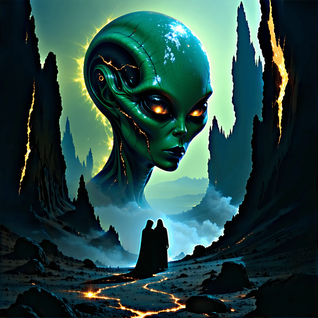Craft a scientific illustration that captures a surreal sci-fi landscape, distinguished by a giant alien woman's head with pale green skin and ethereal, glowing cosmic eyes. This head should be the centerpiece, surrounded by abstract dark rock formations that boast glowing orange cracks, creating a stark contrast. These formations should be layered to add depth, with a mist effect weaving through them, enhancing the dreamlike quality of the composition. In the foreground, introduce two mysterious human-like figures with pastel hair, draped in long black robes. These figures should be subtly detailed, almost silhouetted, to integrate them seamlessly into the scene without drawing attention away from the main subject. The galaxy-like night sky should shimmer with twinkling stars, casting dramatic lighting across the scene, imbuing it with a cinematic surrealism. The entire composition should be rendered in a Moebius-inspired digital painting style, characterized by organic line work that adds to the surreal, dreamlike atmosphere. Employ soft blurring effects to enhance this dreamlike quality further, and outline the giant alien woman's head with a neon glow to highlight its surreal beauty.