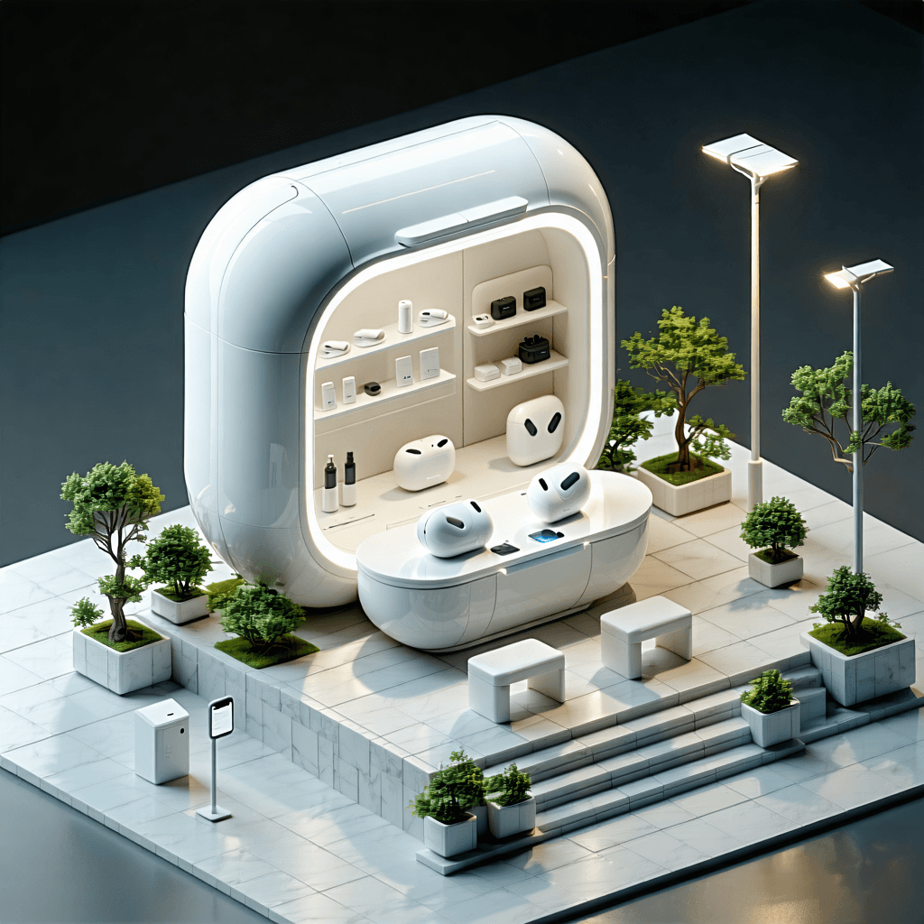 Create a photorealistic image of a 3D isometric diorama, showcasing a miniature tech kiosk designed to mirror an open Apple AirPods case. This kiosk, with its white gloss finish, smooth curves, and minimalist form, should be the centerpiece on a clean, stone-textured platform. Surround it with modern benches, tiny digital display stands, lush greenery in square planters, and soft glowing street lamps, crafting a scene that embodies Apple’s sleek, futuristic visual identity. Inside the kiosk, include minute details like tech counters, display shelves with miniature devices, and subtle glowing Apple logos, ensuring a vibrant commercial interior. The lighting should be soft ambient, highlighting the high-gloss material simulation and mirror-like reflections on the structure's surface, with a shallow depth of field to focus on the kiosk. Incorporate subtle atmospheric haze to enhance realism, and ensure the scene follows the rule of thirds composition, utilizing a monochromatic palette to balance color. Add microscopic texture mapping to the surfaces for realistic textures, and include miniature figures to provide a sense of human scale. The entire scene should reflect Apple’s signature precision, with crisp shadows, glowing tech displays, and an overall high-end simplicity.