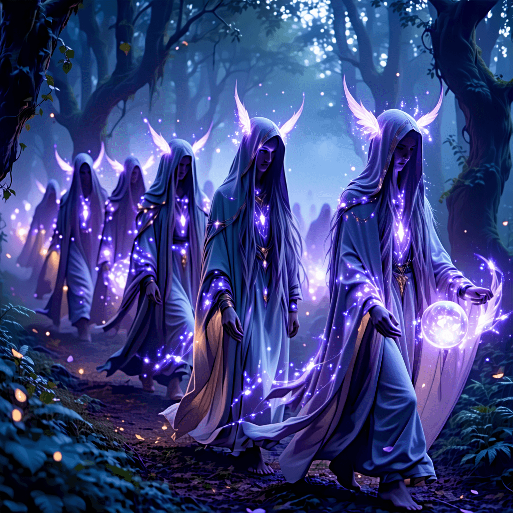 Create an enchanting poster featuring a group of ethereal humans traversing an enchanted forest under a twilight sky. Their long hair flows in hues of deep purple, silver, and midnight blue, catching the faint, mystical light. Their ears, delicate as flower petals, emit a serene glow, illuminating their translucent, luminous skin. Adorned in gossamer robes that flutter silently, they are decorated with leaves, flowers, and threads that seem to capture the forest's magic. This twilight realm is alive with towering trees whose bark shimmers with bioluminescence, glowing mushrooms, and ethereal orbs leading the way. Some individuals carry torches or lanterns that glow, while others engage in silent communion with the spirits of nature, a scene of peaceful coexistence. The air itself is charged with a silent, magical energy, making the forest seem like a dream. This poster should encapsulate the magical atmosphere through the use of bioluminescent flora and fauna, focus on the unique character design with flower-shaped ears, and highlight the composition and lighting to enhance the soft twilight ambiance. The color palette should weave together deep purple, silver, and midnight blue, with textural details emphasizing the ethereal gossamer fabric and enchanted adornments, creating a visually impactful, professional poster that breathes life into this magical scene.