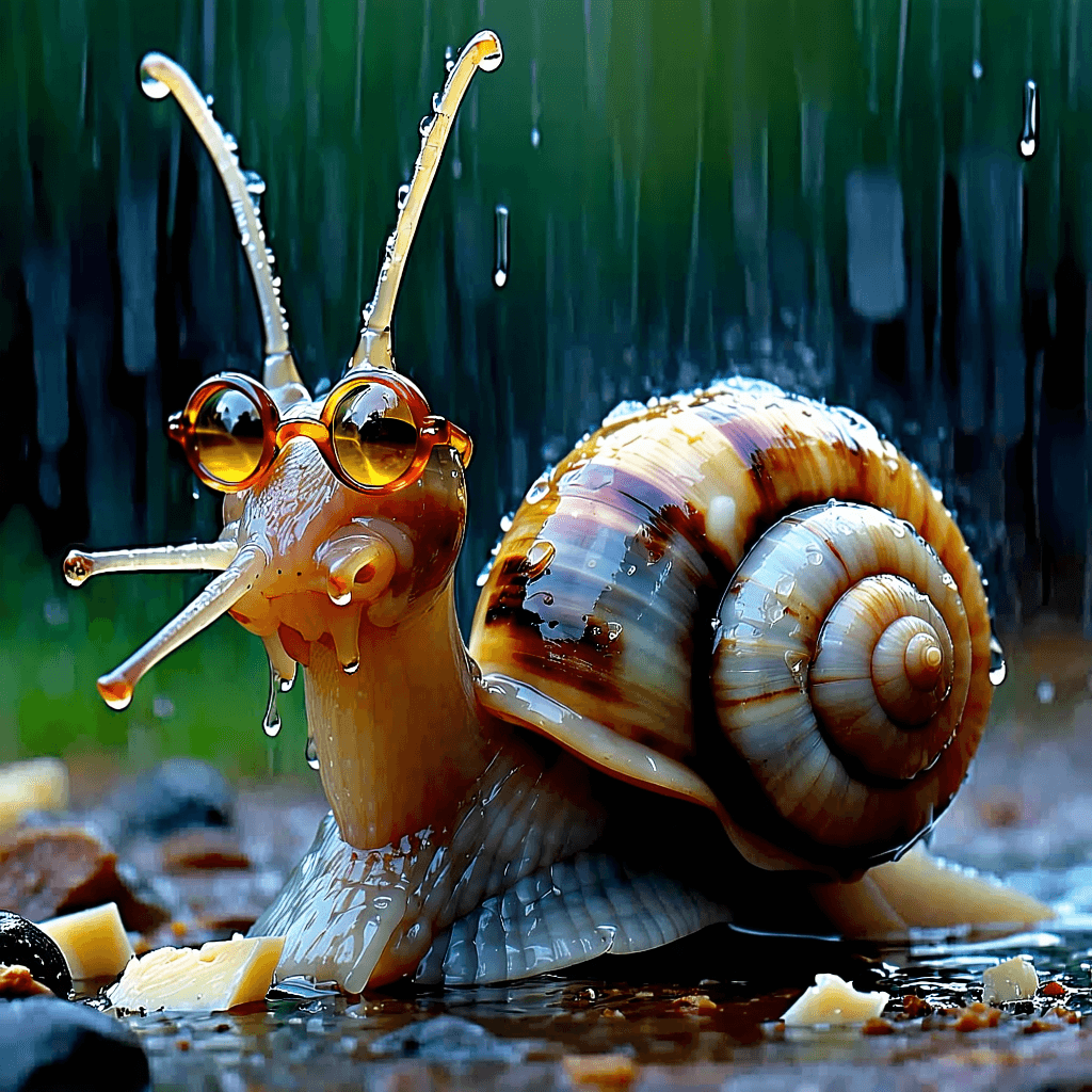 Create a photorealistic image capturing the whimsical yet thrilling pursuit of Brunello, a character with the upper body of a refined garden snail, complete with long, glistening antennae and expressive eyes, adorned with a vintage opera monocle. His lower body is a large, cracked wheel of aged parmesan cheese. Brunello is frozen mid-leap in a dynamic, diagonal pose through the rain-soaked cobbled alleys of an imaginary Italian hill town, clutching a handcrafted fencing foil made from a rosemary sprig, in hot pursuit of a cheeky squirrel donning a Vespa helmet, riding a spinning espresso cup. The scene is bathed in warm, golden-hour sunlight filtering through stormy clouds, casting cinematic reflections on the glistening parmesan and puddled stones. Surrounding buildings, steep and crooked, are painted in burnt orange, ochre, and sienna, embodying the essence of an Italian village. Key to this scene are the rich textures of wet stone, melting cheese edges, and the snail’s iridescent skin. Include unexpected side characters like arguing ravioli, a cello-playing beetle, and a floating slice of tiramisu with sunglasses, adding layers of surreal whimsy and storytelling depth. Highlight the cinematic composition, intricate textures, realistic lighting, exaggerated motion, and a cozy, storybook atmosphere within this photorealistic, ultra-detailed rendering.