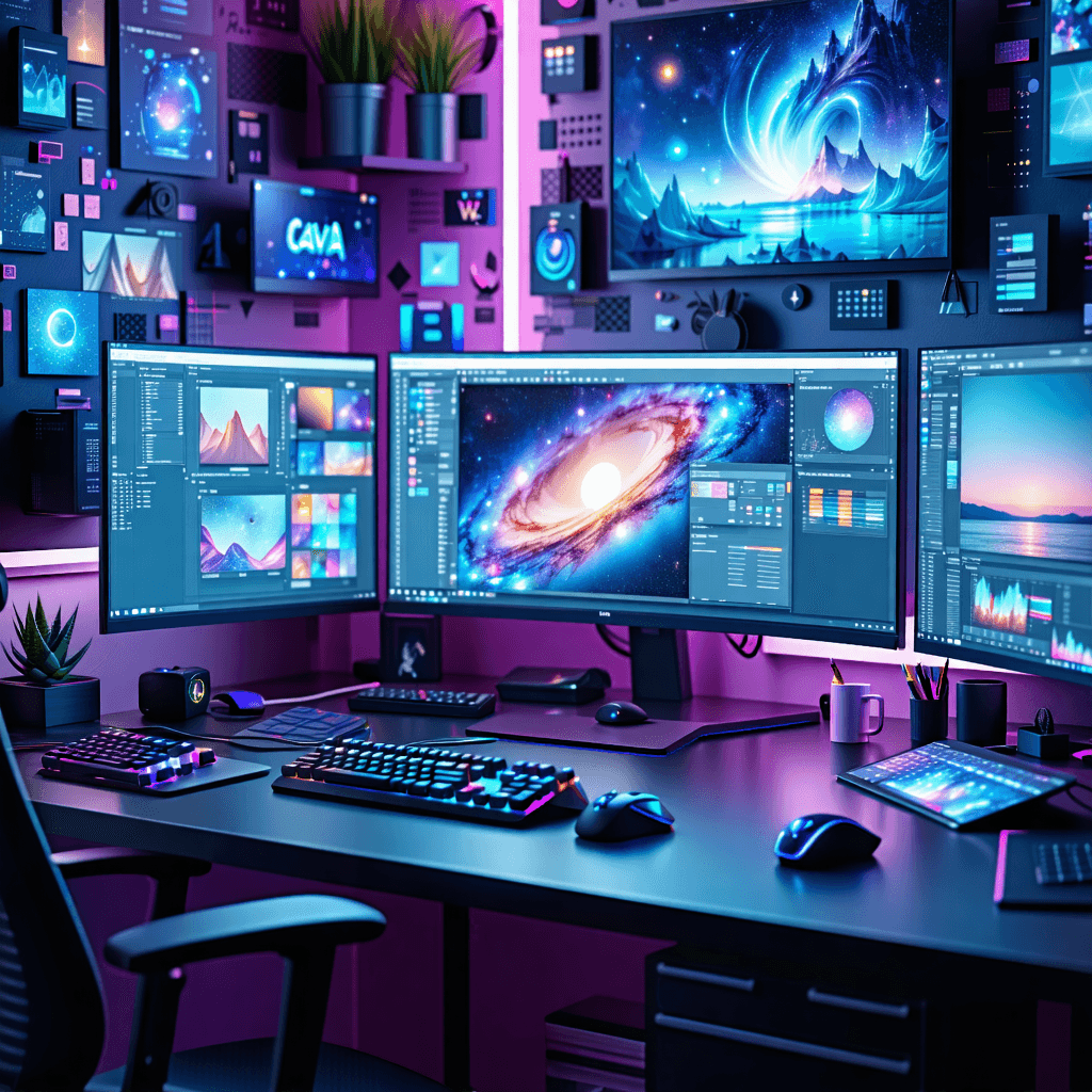 Design an immersive UI workspace scene that captures the essence of a creative professional's desktop, bustling with multiple editing tools like Photoshop, Canva, and Figma. These apps should appear in a dynamic, cluttered arrangement with overlapping windows, each window showcasing intricate details such as resize handles, layers, and magnified export screens. Imagine browser tabs or app windows with a unique visual twist: they're translucent, allowing for a layered, depth-filled view of the tools beneath them. The scene is vibrant with neon colors, adding a lively atmosphere. Focus on incorporating glassy reflections to give texture, and ensure interactive elements like clickable buttons are evident, enhancing the user experience with an intuitive layout. Integrate futuristic elements like augmented reality overlays and holographic displays, blending them with artistic decor elements to create a workspace that's not just technologically advanced but also creatively inspiring. The entire composition should be animated with tool interactions, emphasizing a dynamic motion that brings the workspace to life. Apply a depth of field effect for a strong visual hierarchy, guiding the viewer's eye through the busy, yet organized chaos of this futuristic UI design.