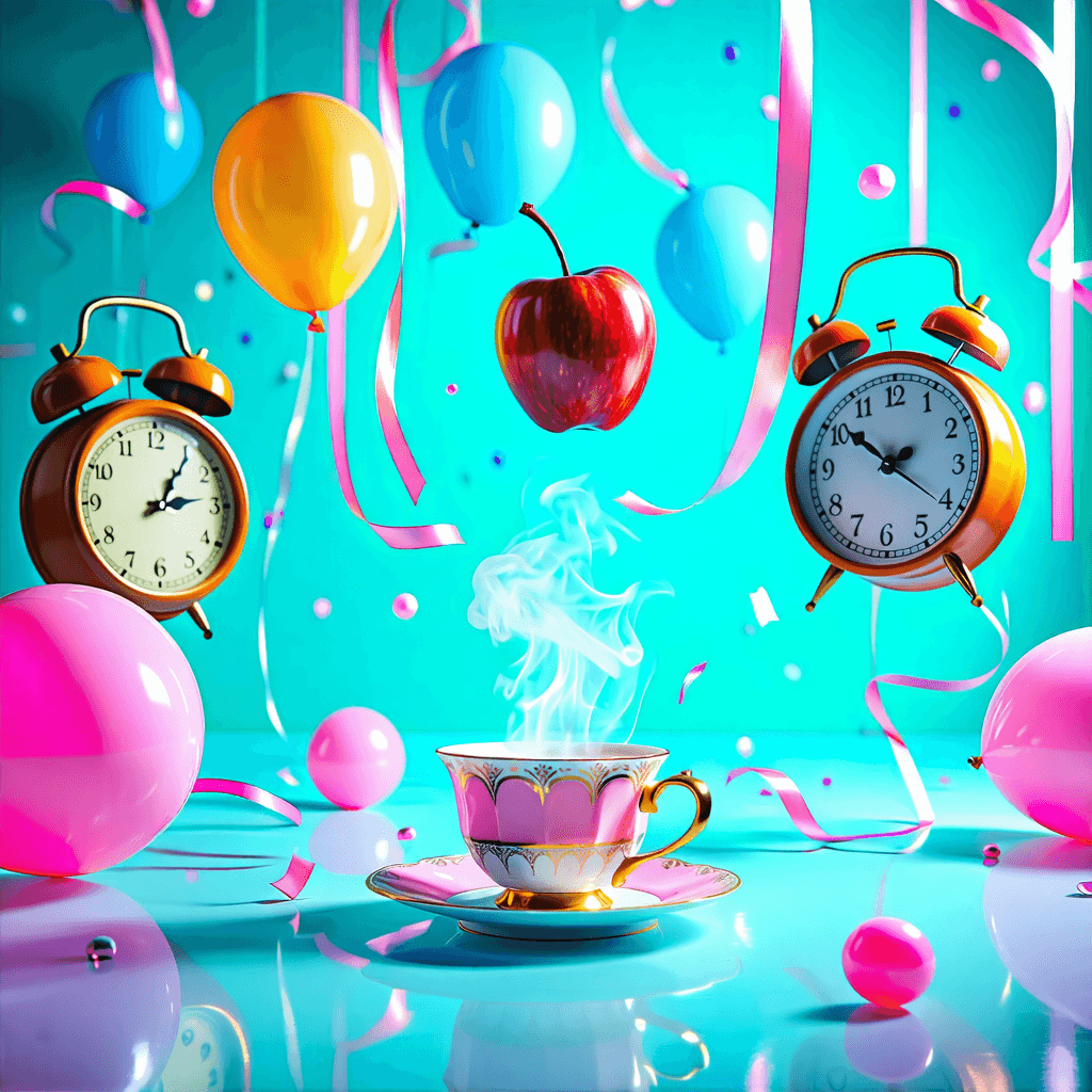 Create a photorealistic, high-quality 8k resolution image that unfolds a surreal dreamscape, where the laws of gravity are playfully defied. In this vibrant scene, everyday objects like a grand clock, a steaming teacup, and a glossy red apple float mid-air against a backdrop of infinite turquoise ground. The scene is enriched with neon-colored balloons and swirling ribbons in electric hues of pink, blue, and yellow, drifting across the space. Ensure these elements are illuminated by soft, diffused lighting from multiple angles, casting long, playful shadows on the smooth, reflective ground, which should mirror the scene above with precision. The background is a minimalist canvas of bold geometric shapes - mustard yellow cubes and violet triangles - floating in a calm sky, introducing a contrast that's both bold and harmonious. Emphasize the texture and material realism, particularly the shine and smooth surface of the glossy red apple. Integrate atmospheric perspective to subtly fade distant objects, enhancing depth. Add a touch of whimsy with subtle dust particles in the air, ensuring a dynamic yet balanced composition that captures the essence of whimsical surrealism.