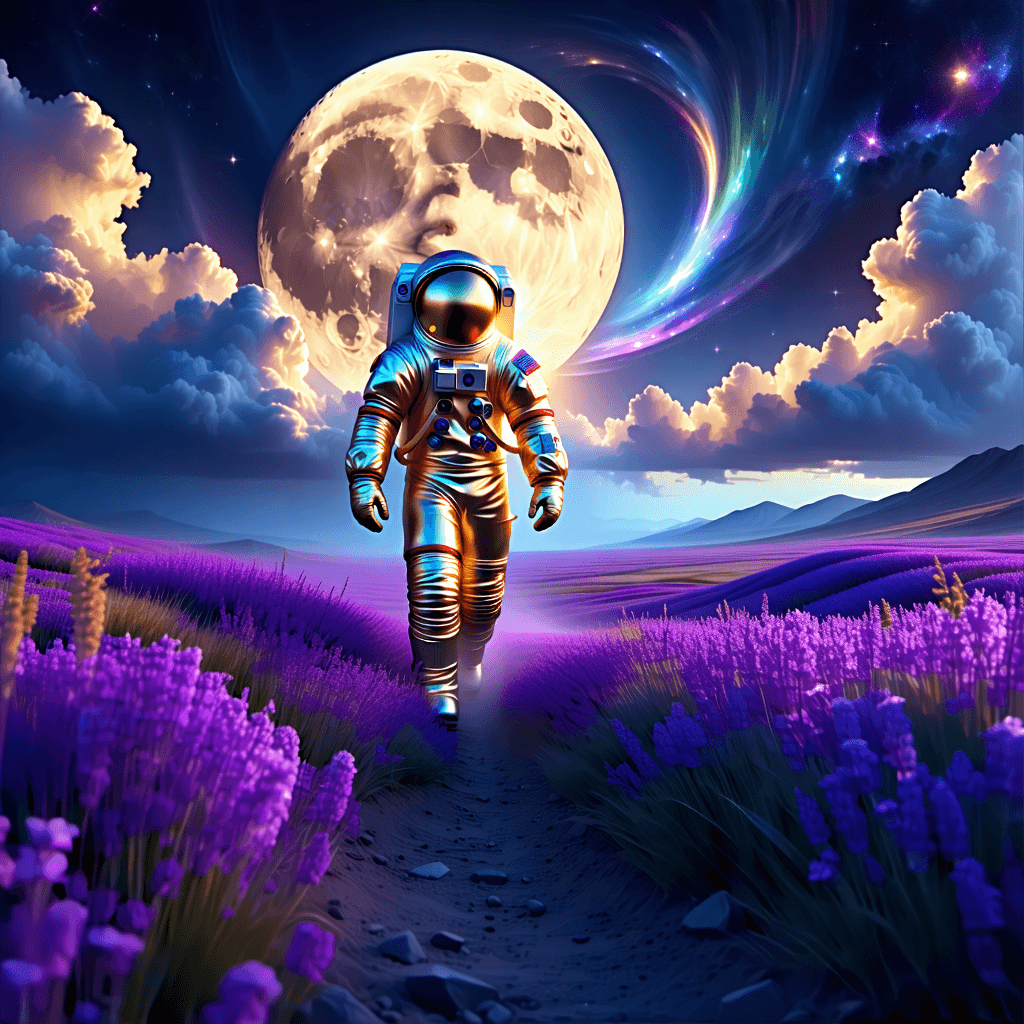 Create a surreal artwork capturing an astronaut adorned in a shimmering, metallic golden suit as they meander through vast fields of purple, where each blade of grass subtly glints with iridescent hues. Above, the sky is a dramatic canvas of swirling cloud vortexes, centered around a significantly oversized moon that bathes the scene in a gentle, ethereal light. The air around the astronaut swirls with visible currents, suggesting a windy atmosphere, enhancing the dreamlike, otherworldly quality of this fantastical landscape. The composition should evoke a sense of solitude and wonder, blurring the lines between reality and imagination.