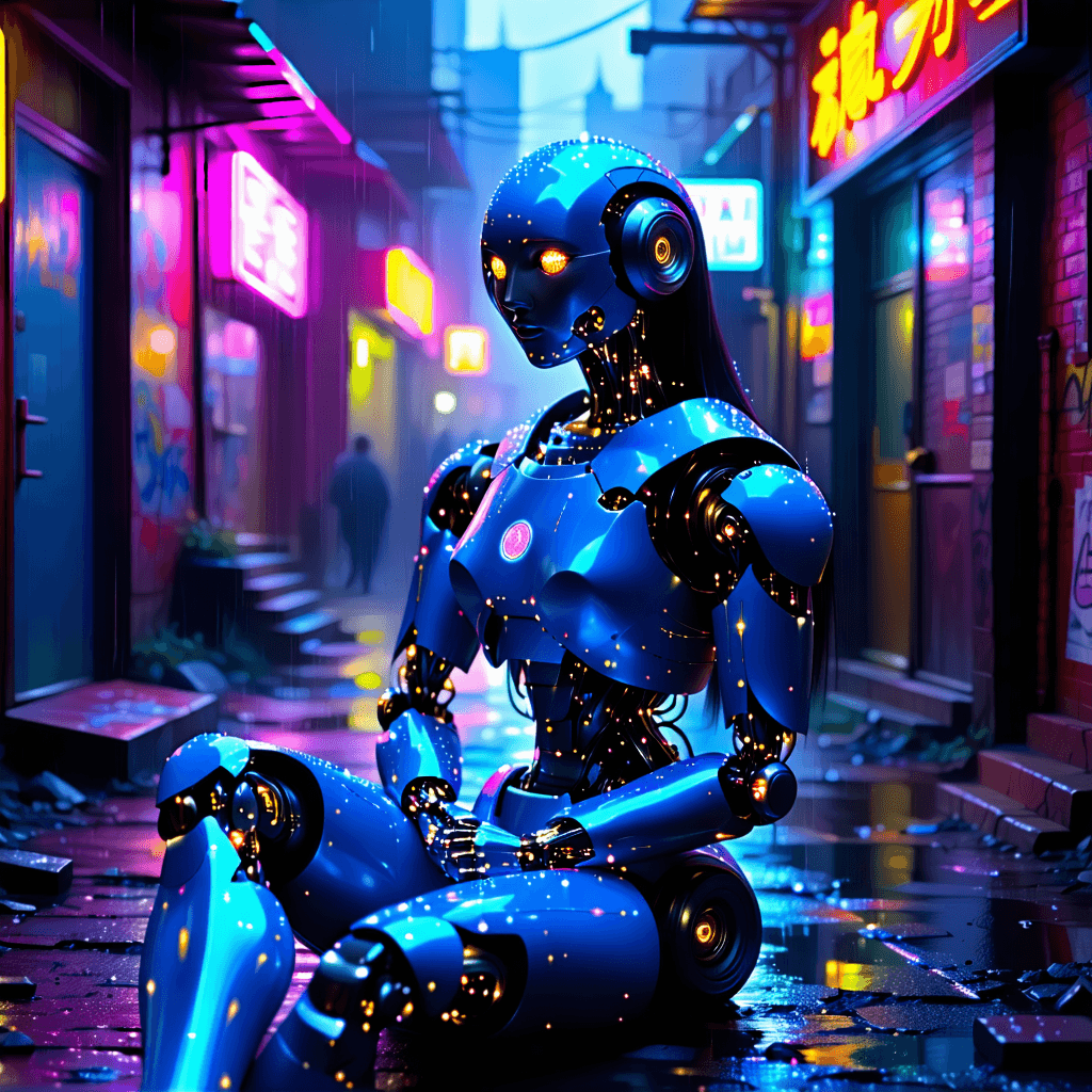 Create a photorealistic, ultra-detailed image of the Mona Lisa reimagined as an AI-powered robot. She is seated, central to the composition with a dynamic tilt, in the heart of a neon-lit cyberpunk city. The atmosphere is drenched in contrasting neon colors and dark, gritty urban tones, under a natural, cinematic lighting that highlights the metallic sheen of her surface and the enigmatic subtlety of her smile. Surround her with holographic brush strokes that merge seamlessly with the cityscape, glowing softly. Her eyes are glowing, drawing the viewer in. The background buzzes with high-tech elements, neon signs, and holographic displays featuring subtle nods to art history and AI advancements. The scene is filled with dynamic poses and gestures, suggesting a reaction to the urban environment around her. Include digital glitch effects on select city elements to enhance the futuristic aesthetic, and ensure the robot's metallic surface is detailed with reflections and specular highlights. Frame this composition in 8k resolution, emphasizing realistic textures, natural lighting, and a deep focus that brings every layer of the scene into sharp relief.