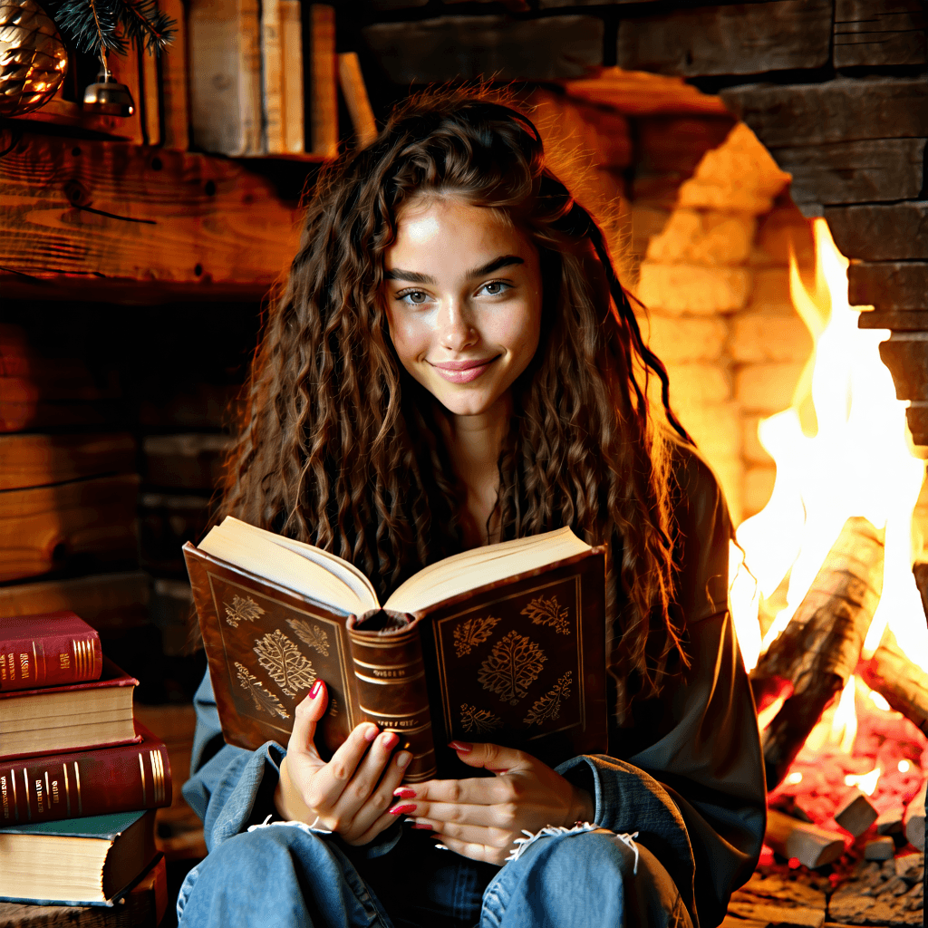 Craft a photorealistic image capturing a serene moment of a young woman with long curly hair, deeply engrossed in a vintage leather-bound book with gold embossing. She's seated in a cozy cabin, the warmth of the firelight casting soft directional lighting across the scene, illuminating her subtle smile and the gentle ruffle of her hair by a breeze. The over-the-shoulder perspective highlights an intimate, immersive reading experience. Surround her with elements that enhance the warmth and texture of the moment: the grain of the wooden cabin walls, a stack of well-loved books on a nearby shelf, and a soft fur rug beneath her chair. Outside, through frosted window panes, show the contrast of the cold with falling snow, while the soft light filtering through adds a magical touch. Include a shallow depth of field to isolate her and the book, with warm earthy tones and a slight vintage feel to the color grading, reflecting a cozy, timeless ambiance. Ensure the reflection of the woman in the glass window adds to the depth and intimacy of the scene.