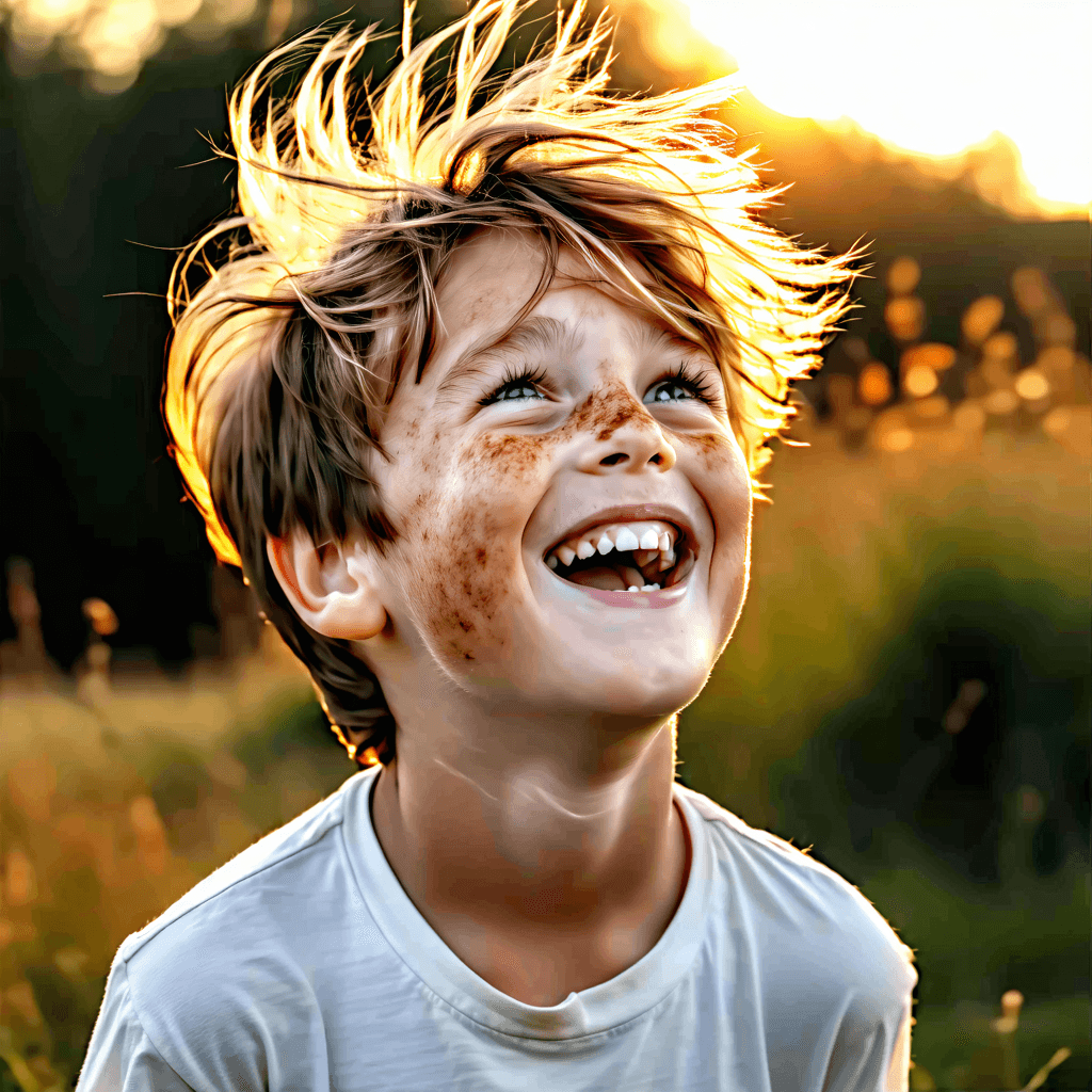 Create a photorealistic image capturing the essence of joy and freedom. The main subject is a young boy with distinctive freckles and messy hair, caught in a moment of pure laughter as the wind plays through his strands. This magical moment occurs during the golden hour, with the sunlight backlighting him, casting a warm, golden glow that enhances the ultra-detailed texture of his skin and the fabric of his clothing. The boy's sparkling eyes make direct eye contact, creating an emotional connection. The background is a softly blurred nature scene, emphasizing him as the focal point through a shallow depth of field. Capture this scene from a low angle perspective, using the rule of thirds to compose the image. The wind blowing his hair and the dynamic strands are rendered with meticulous care, alongside microskin texture brushes to detail his skin and dynamic fabric textures on his clothing. The overall color grading should evoke a warm tone palette, embodying the essence of golden hour lighting.