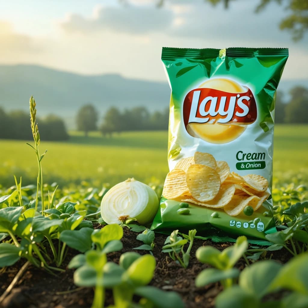 Envision a serene, natural field setting as the backdrop for a professional product photo that captures the essence of Lays Cream and Onion flavour. The main subject, the chip packet, should be placed diagonally with a prime focus, utilizing the rule of thirds for an engaging composition. Embrace a soft diffused lighting to accentuate the vibrant green and white palette of the packet and the natural setting, ensuring a clean and detailed look. The texture of the chips should be highlighted in a close-up shot, with a shallow depth of field to keep the background softly blurred. A low angle shot will enhance the product's presence, with a subtle reflection on the field surface adding depth. Integrate the Lays brand logo subtly within the scene. Add a storytelling element, like a hand reaching for the chips, to convey a sense of longing and desire. The overall image should be product-focused, showcasing the chips in a professional yet inviting manner.