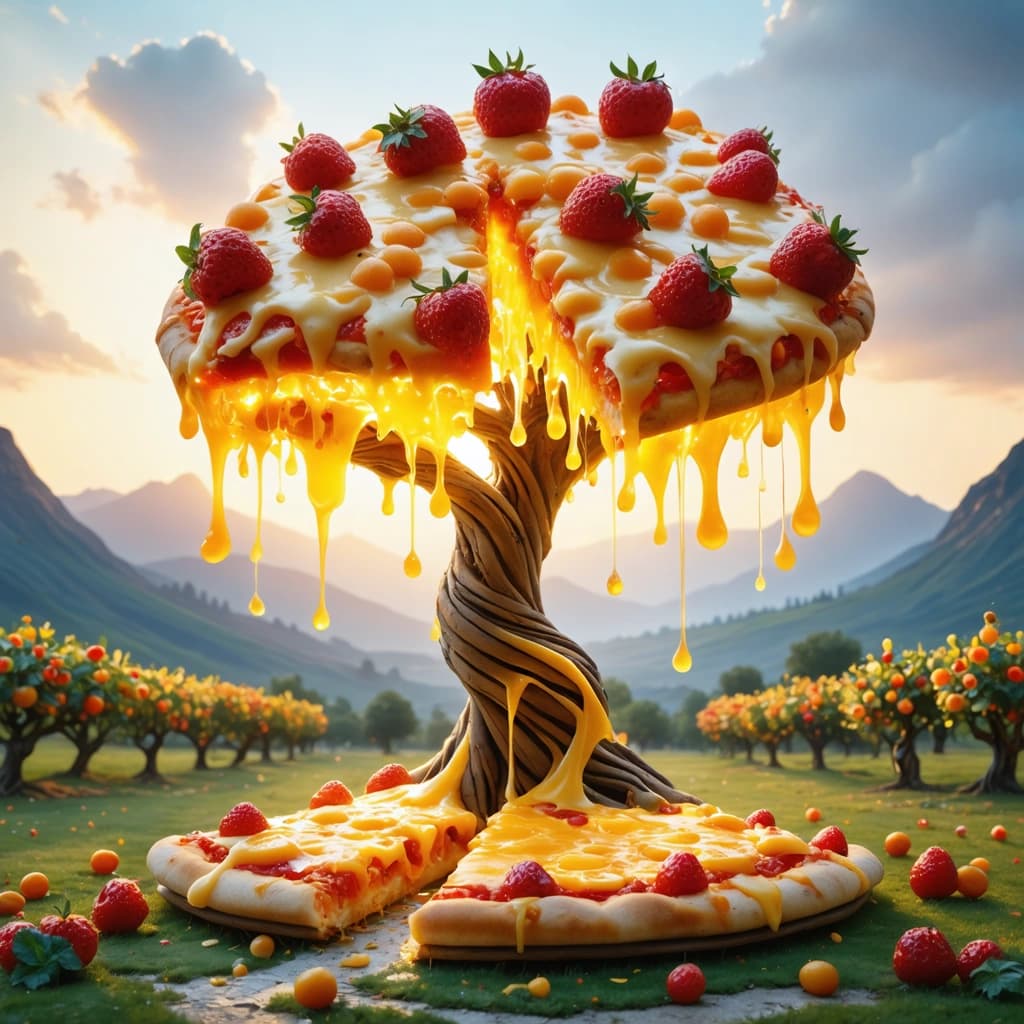 Envision a surreal food photography scene capturing a fantasy pizza tree at the heart of a whimsical orchard. This unique tree boasts melting cheese slices as fruits, each slice radiating with a vibrant rainbow hue, akin to velvet in texture, and seemingly floating around the tree. The entire scene is bathed in the golden glow of the magical golden hour, enhancing the whimsical elements with a soft, warm light. The orchard unveils a fantasy landscape with candy cane mountains in the distance and a playful pathway made of pizza slices leading to the tree. The roots of the pizza tree glow with a magical aura, intertwining with the ground and fairy butterflies fluttering around, adding a touch of magic. Aim for a bird's eye view perspective to capture the entire orchard in its glory, ensuring a delightful balance of light and dark elements that accentuate the surreal composition while keeping the image appetizing, professional, and engaging.