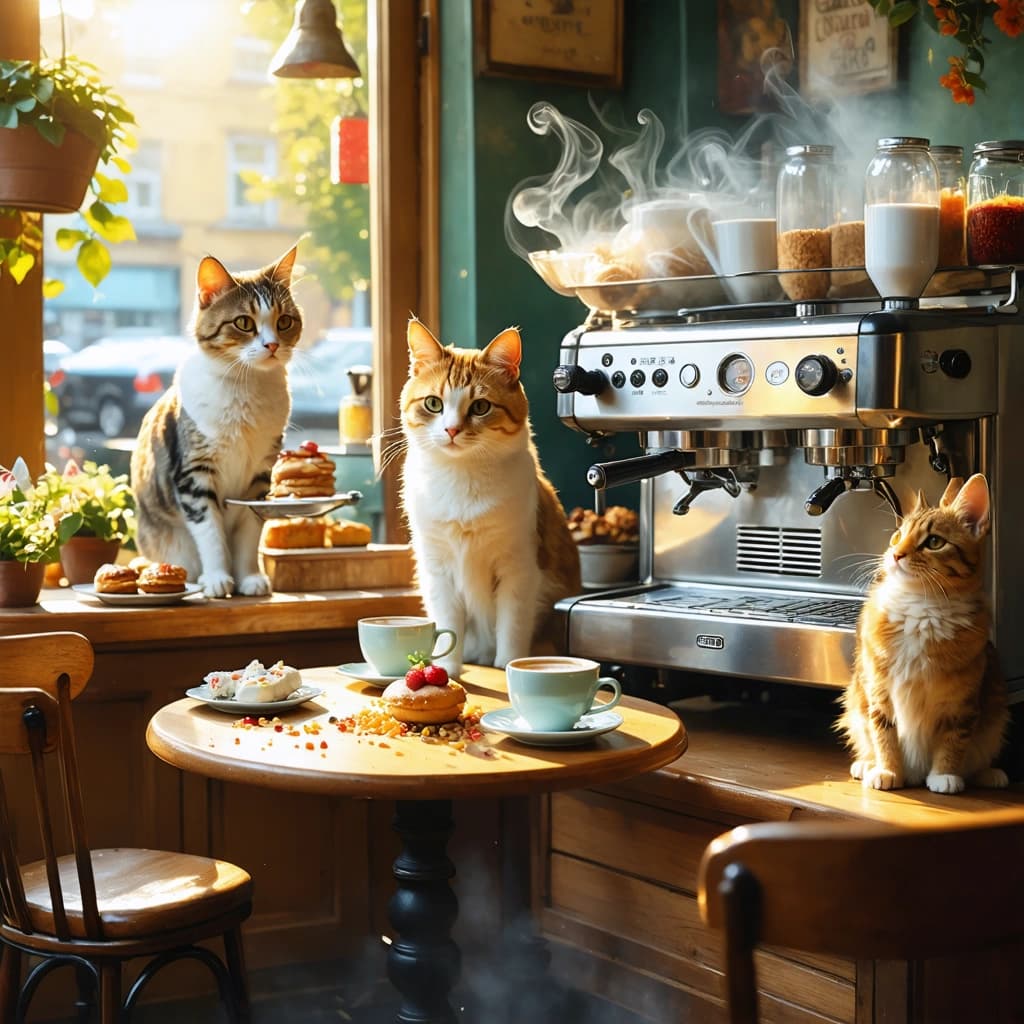 Create a photographic image capturing a cozy, sunlit café bathed in soft, warm tones of golden sunlight filtering through windows. The café is alive with whimsical realism: wooden tables and chairs adorned with pastries and coffee machines, while cats type on tiny laptops, dogs with trays in their mouths serve customers, parrots hop along the coffee machines, and rabbits make playful leaps across tables. Coffee mugs and pastries levitate amidst whimsical steam spirals, creating a dynamic, layered composition with foreground elements of floating particles like crumbs or coffee steam adding to the playful motion. Humans are present, their faces a mix of amusement and confusion as they watch the enchanted scene unfold around them. The image should focus on detailed reflections shimmering on polished surfaces, photorealistic textures of wood, fur, and food, and the humorous, comic expressions of both animals and humans. Aim for a cinematic composition that blends realism with fantasy, capturing the collaborative tasks between animals in sharp focus against a backdrop of selective focus on the enchanted atmosphere, ensuring the scene feels both magical and believable.