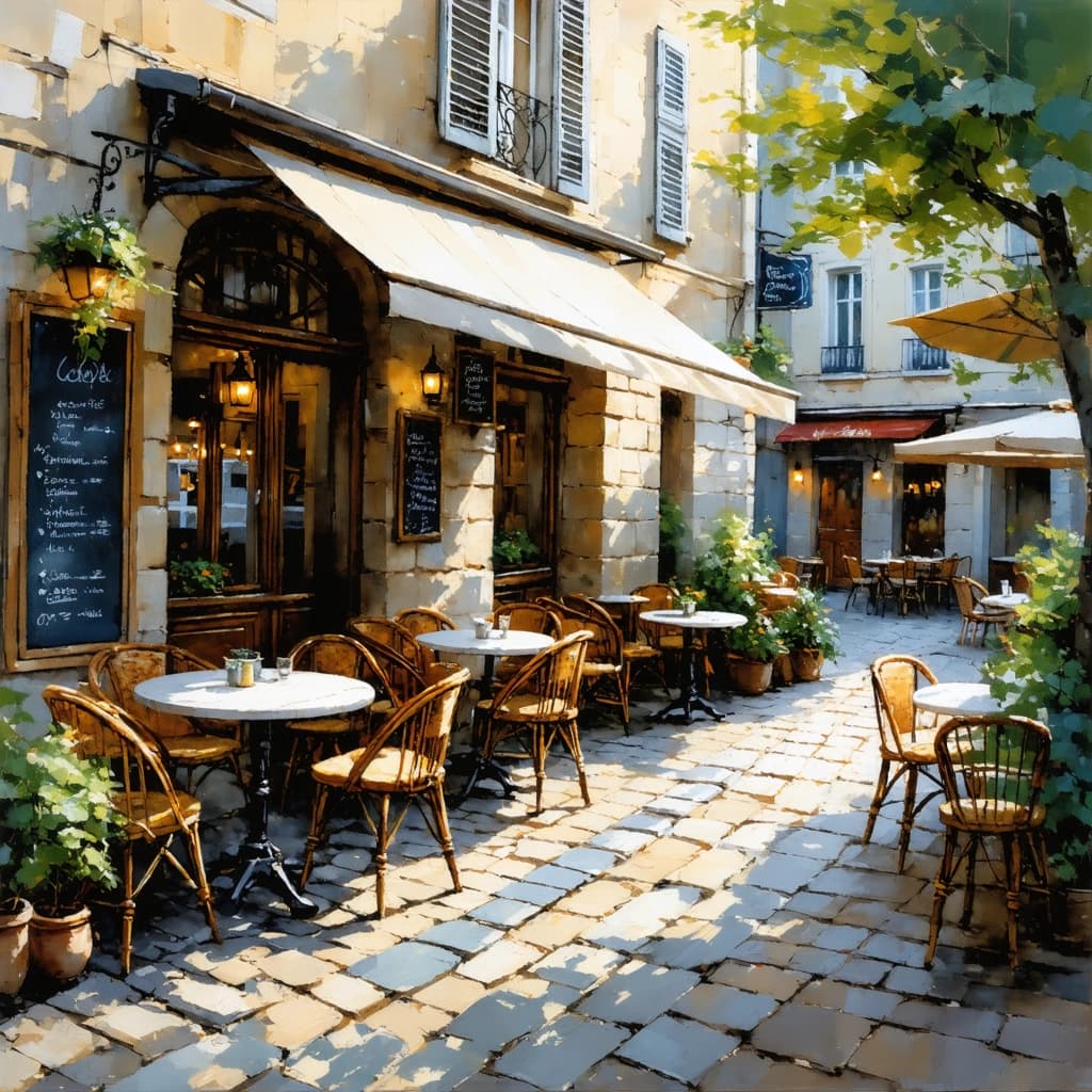 Textured oil painting of a quiet European café corner, round wooden tables, woven chairs, chalkboard menu, potted plants, cobblestone ground, sunlit stone buildings, rich impasto strokes, warm nostalgic palette, fine-art lifestyle illustration