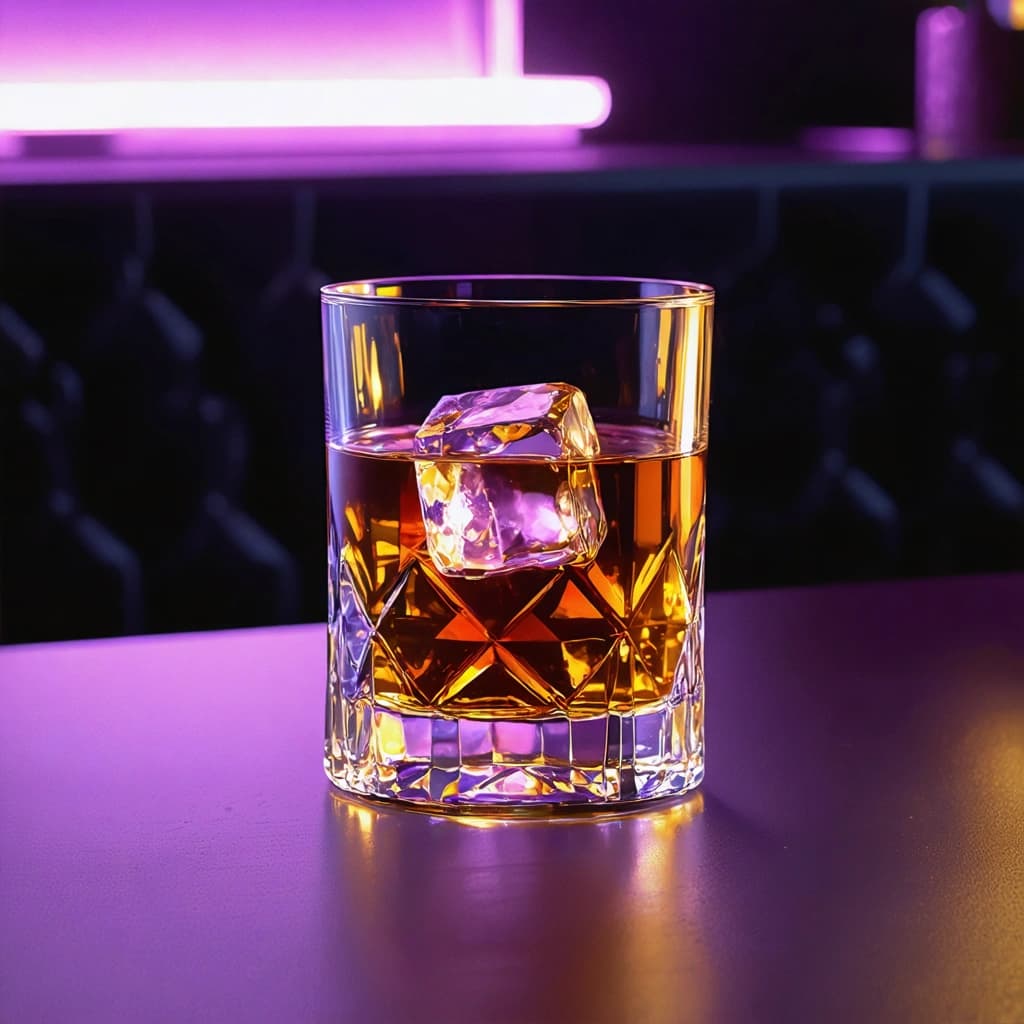 Create an ultra-realistic 8K photograph capturing a low, old-fashioned glass filled with a deep amber-golden liquid, cradling a large ice cube, all situated off-center in the bottom third of the frame to obey the rule of thirds. This scene is bathed in a soft, warm golden glow reminiscent of candlelight, with subtle, faint purple neon reflections adding a touch of color and intrigue. Position the camera at a side macro angle to meticulously focus on the glass's texture, its crisp edges, and the captivating reflections on the bar's surface. In the composition's corner, introduce a blurred element - either a vintage bar tool or a wood coaster - to inject a layer of story and depth, enhancing the overall narrative of the setting without detracting from the main subject. Emphasize texture, specifically through the macro focus on the glass and ice cube, and adjust the white balance to envelop the scene in warmth, ensuring a harmonious color palette that invites viewers into this moment.