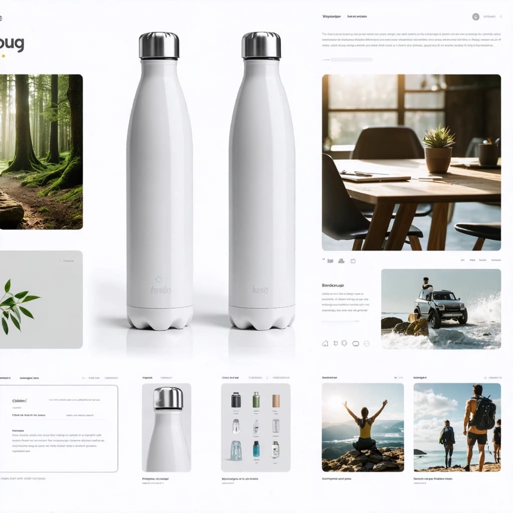 "Create a modern product concept moodboard for a sleek, eco-friendly smart water bottle. Include: minimalistic product mockups in white and silver, flat lay shots of the bottle with natural textures (wood, stone), app interface mockups showing hydration tracking, sketches of product design evolution, a clean, airy workspace setup with mood lighting, lifestyle shots of diverse people using the bottle outdoors and at a gym. Use a neutral color palette (white, grey, soft green), soft shadows, and high visual contrast. Scandinavian design inspiration, tech-meets-nature aesthetic, clean sans-serif typography snippets like 'hydrate smarter' and 'wellness in every sip'."
