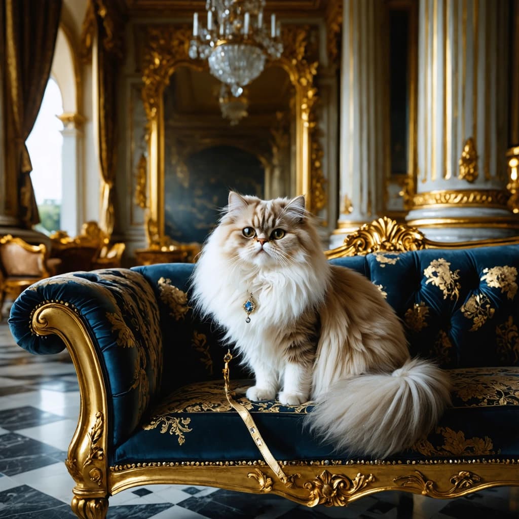 Create a photographic image capturing a fluffy Persian or Himalayan cat, exuding a smug and defiant attitude while sitting proudly on an intricately patterned velvet chaise lounge. The setting is a luxurious mansion interior with marble floors, golden accents, and tall sheer curtains, illuminated by soft, warm lighting from a chandelier overhead. From a low angle, emphasize the cat's regal presence with a close-up on its face and the jewel-studded leash and harness it wears, trailing loosely on the floor. Include golden frames on the walls and a gilded mirror reflecting the cat's majesty. Soft shadows under the chaise and the cat's silhouette reflected in a decorative vase enhance the scene's depth. Nearby, a tiny crown near the cat's paw and a fluffy toy mouse peeking out under the chaise add touches of humor and playfulness. The composition follows the Rule of Thirds, focusing on the cat's expression, the velvet texture, and the regal setting, all while capturing the cat lazily stretching, elevating the theme with ornate crown molding on the ceiling.