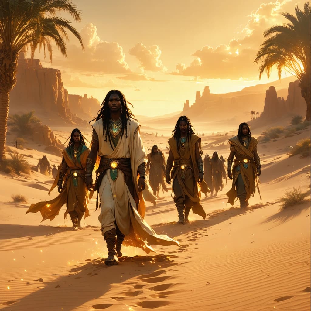 Illustration of a mystical group of humans wandering a desert oasis under a twilight sky. These individuals have flowing, windswept hair in colors of soft gold, amber, and deep teal. Their skin glows with an iridescent shimmer, reflecting the warm hues of the desert sands. The characters' ears are intricately designed as smooth, sand-colored petals, radiating a faint golden glow. They wear lightweight, flowing garments adorned with intricate tribal patterns and metallic threads, blending effortlessly with the surrounding oasis of towering palm trees, sparkling water, and luminous desert flowers. Some characters carry crystal-like orbs or woven baskets of desert fruits, while others sit in a circle under the stars, weaving spells or singing soft melodies. The air is filled with shimmering dust, casting an otherworldly light on the scene. The entire landscape has a calming, golden glow, creating a peaceful atmosphere where time seems to stand still