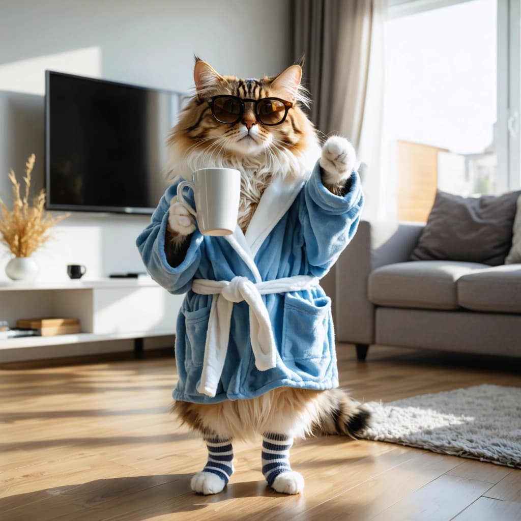 Create a photographic image capturing a fluffy cat exuding a relaxed, comically smooth aura, draped in an oversized robe and wearing cozy, slightly oversized striped socks. The cat stands on a shiny wooden floor in a modern, sunlit living room, its posture confident, with a smug expression and sunglasses on, casually holding a coffee mug. One paw is positioned as if hinting at a fun slide on the smooth floor. The soft, natural sunlight filters through a window, enhancing the soft pastel tones of the scene, with pops of vibrant color for visual interest. Composition should adhere to the rule of thirds, focusing on the cat and its amusing attire while incorporating a plant or decorative elements in the slightly blurred background to enrich the visual story. Emphasize the softness of the cat's fur, the texture of the cozy robe, and the whimsicality of the socks. Apply soft vignetting in post-processing to draw focus towards the center, ensuring a shallow depth of field to subtly blur the background, creating a focused, highly detailed, 8k resolution image with a professional, cinematic composition.