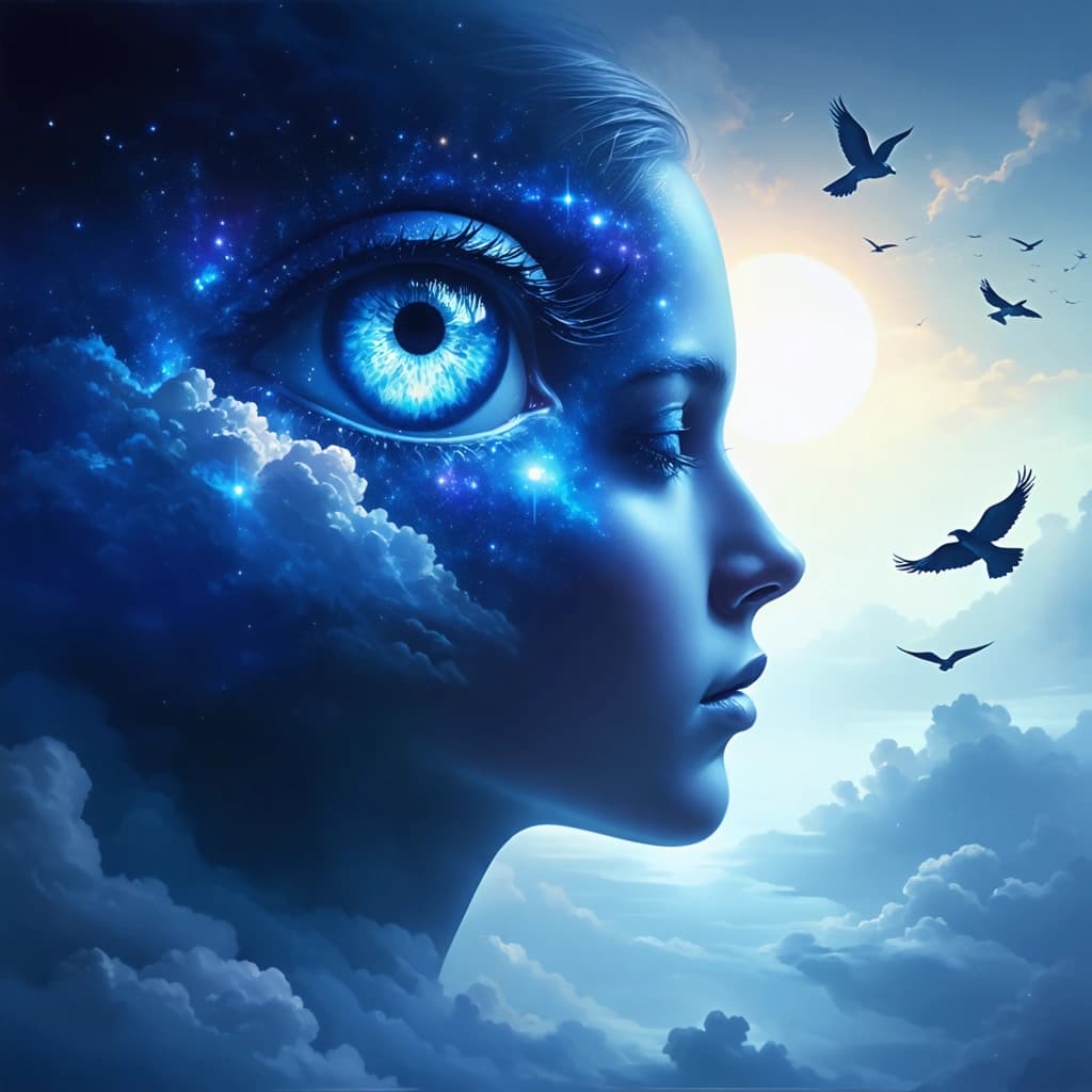 Envision a surreal dreamscape, where the essence of thought and cosmos blend seamlessly. At the heart of this otherworldly scene is a solitary figure, distinguished by a radiant third eye on their forehead, symbolizing profound insight and inner vision. This glowing eye casts soft, diffused light, illuminating the figure's contemplative expression. Surrounding the figure, thoughts manifest as delicate birds, each taking flight from the mind's depths, embodying freedom and transcendence. The sky above morphs into a tapestry of swirling galaxies, painted with a palette of dark, rich colors contrasted by the luminous celestial dance. Emulate Van Gogh's distinctive brushwork, applying thick, impasto strokes to infuse the scene with dynamic texture and vitality. Employ a composition of overlapping layers and transparent effects to suggest a realm where multiple planes of reality coexist. Explore a harmony of analogous colors to weave cohesion throughout, while textural contrasts between rough, tactile surfaces and smooth, ethereal elements enhance the scene's tactile depth. Integrate surreal transformations, such as organic forms seamlessly transitioning into cosmic phenomena, blurring the boundaries between the known and the mystical. The central figure's posture and gaze should convey a deep introspection, hinting at an inner journey of transformation. Throughout this dreamscape, incorporate magical realism by placing everyday objects in unexpected contexts, challenging the viewer's perceptions. Aim for a dynamic composition, using asymmetrical balance and off-center focal points to create intrigue and draw the viewer deeper into the narrative woven into this surreal tableau.