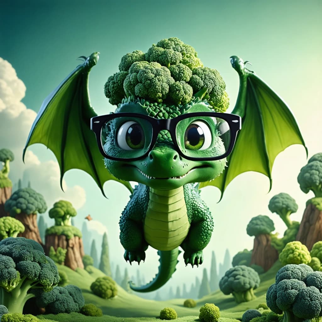 Create a high-quality, photographic image capturing a cartoon dragon with a vibrant broccoli head, showcasing a silly, exaggerated expression. This dragon, adorned with oversized glasses, should be in mid-flight, wings outstretched, against a fantastical landscape filled with oversized broccoli trees. The composition should be playful, utilizing a tilted angle to add a sense of dynamic movement, with the dragon captured in an extreme close-up to emphasize its humorous expression. Incorporate a mix of neon colors for a dynamic look, with a glossy finish on the broccoli head for a playful sheen. The lighting should be dramatic, with strong shadows casting over a whimsical and light-hearted atmosphere, enhanced by soft, diffused lighting. Include dynamic poses and expressive gestures, such as arms outstretched in a heroic pose, and add cartoon-style motion lines to convey action. Surround the dragon with other whimsical creatures interacting in a lively scene, all captured in 8k resolution with sharp focus, realistic textures, and a cinematic composition.