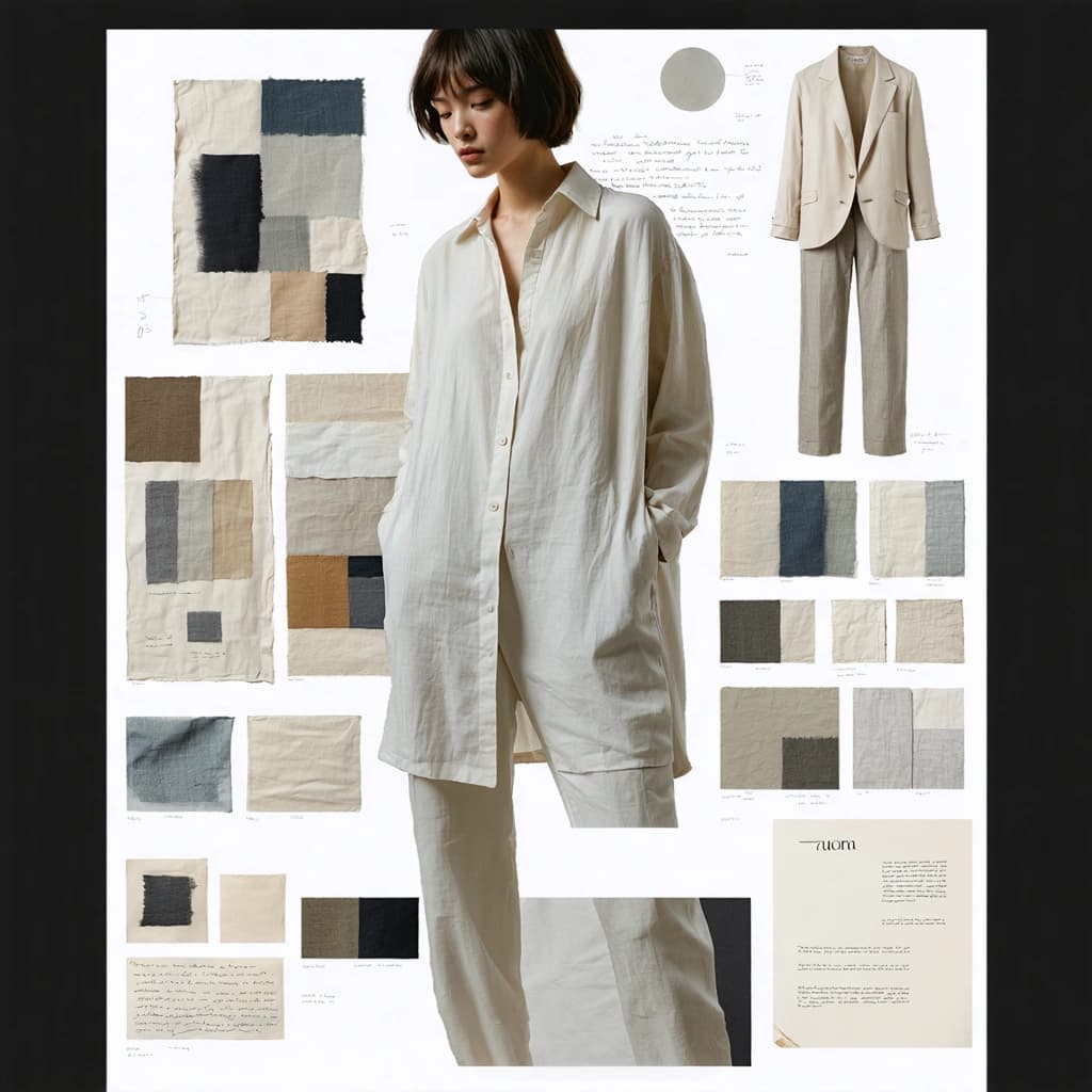 Create a fashion moodboard for the launch of a modern minimalist womenswear line. Include:
Flat-lay shots of neutral-toned fabric swatches (linen, silk, organic cotton)
Close-ups of garment textures and stitch details
Hand-drawn fashion sketches on clean paper with notes
Editorial-style model shots in flowing silhouettes (long coats, oversized shirts, wide-leg pants) in shades of cream, beige, and muted sage
Studio shots with design tools, mannequins, and tailoring in progress
Branded lookbook cover mockups with clean typography ('AURA SS25')
Inspiration imagery: architectural forms, sunlight casting shadows on concrete, natural elements like dried flowers and raw wood
Soft, airy lighting with high visual clarity and shadow depth
Mood: elevated, serene, artistic.
Style: clean, minimalist, editorial.
Colors: soft neutrals with earthy accents."**