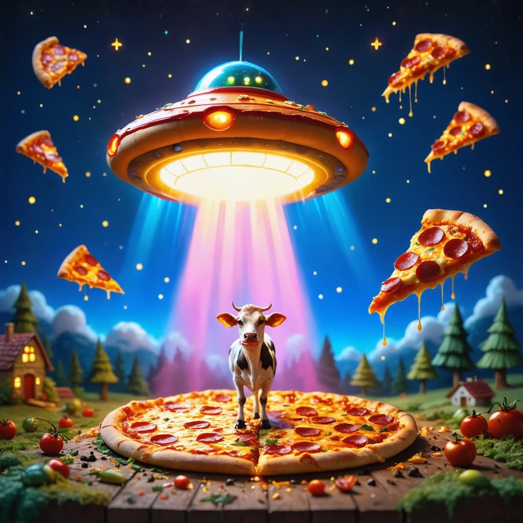 Envision a high-quality, food-photography style image capturing a whimsical and colorful scene under a cartoon night sky. The main subject is a flying pepperoni pizza UFO, with a vivid, glowing aura around it, humorously abducting a cow exhibiting a surprised expression. Surround this UFO with giant, floating pizza slices, enhancing the whimsical elements. The contrast between the dark night sky and the brightly colored UFO and pizza slices should be striking, utilizing a palette of bright primary colors. Pay special attention to the texture and detail, like the pizza crust's realistic texture and the cow's fur. The composition should have a diagonal dynamic, creating a sense of movement, with swoosh lines indicating the UFO's speed. Include silhouettes of other farm animals in the background as silent witnesses, adding depth to the scene. Magical sparkles trailing behind the UFO and comic-style speech bubbles with humorous dialogue will introduce a narrative and fantasy elements. The overall image should feel appetizing, professional, stylish, and engaging, fitting the food-photography style.