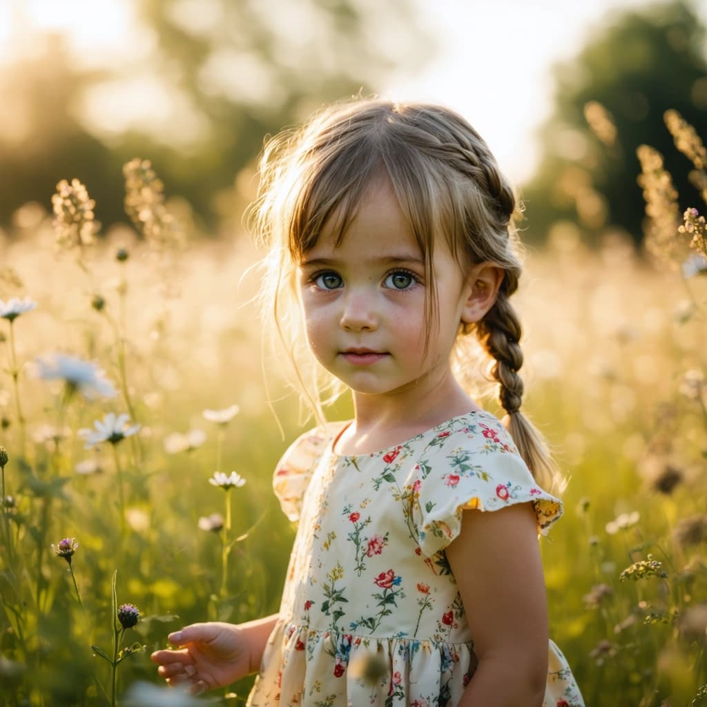 Craft a photorealistic, cinematic portrait of a small girl (around 5 years old) playing in a sun-lit field. She wears a soft floral dress and her long hair is intricately braided. From a low 85 mm angle with a shallow depth of field, focus on her large, bright eyes glistening with unshed tears and some flowing on the cheeks —conveying pure, childlike innocence rather than sorrow. Surround her with tall, gently swaying grass and scattered wildflowers under the warm, golden-hour backlight. Accentuate the realistic textures of her hair and dress, apply subtle skin smoothing, and render in 8K resolution with natural lighting for a tender, heart-warming scene.