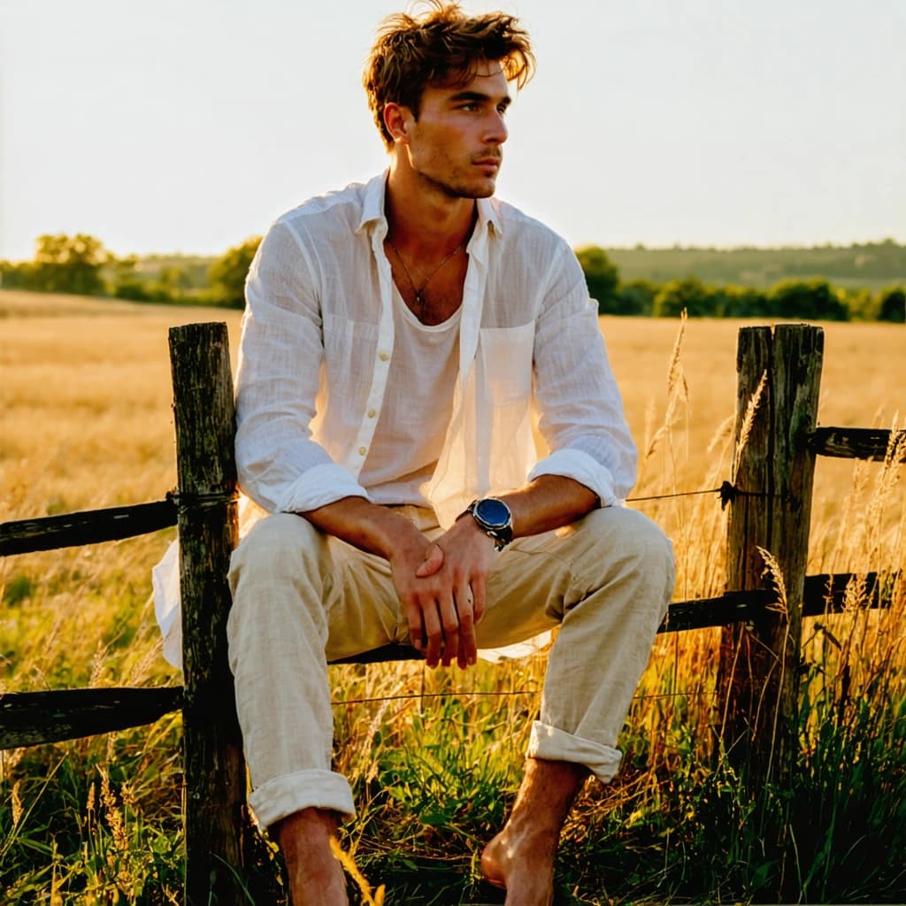 Male fashion model sitting casually on a wooden fence in a countryside field, wearing rolled-up beige linen pants and a loose white cotton shirt, barefoot, surrounded by tall grass, golden sunlight, pastel palette, cinematic editorial style, calm and timeless summer menswear aesthetic