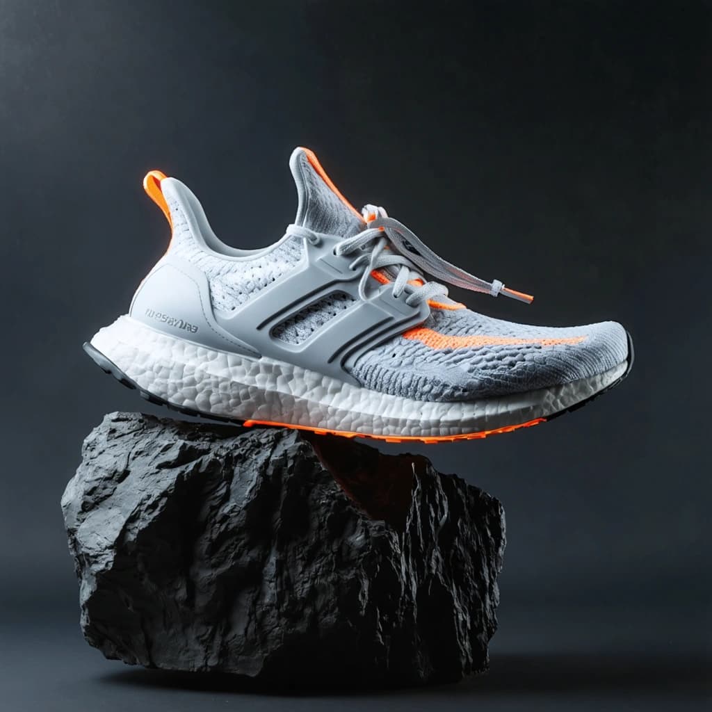 Craft an ultra-photorealistic image capturing a premium athletic running sneaker, boasting a white mesh fabric with striking neon-orange accents and a matte silver sole plate. This sneaker, presented in a dynamic three-quarter angle, seems to defy gravity, floating elegantly above a matte black basalt stone platform, symbolizing its performance prowess. The sneaker's laces are a vision of perfection, with the breathable knit texture of the upper fabric meticulously highlighted. Illuminate this masterpiece with a sophisticated tri-directional lighting setup: a strong key light from the front-left to accentuate the mesh's texture and the sneaker's aerodynamic form, a subtle fill light from the right to carve out the sole's intricate details, and a back rim light to cast a vibrant, energy-filled glow around the sneaker's edge. Surround the sneaker with a faint, motion-inspired ambiance - dust particles caught in a frozen dance behind it, and a soft vortex of neon orange light streaks that echo the shoe's accents, all amidst a floor-level fog that gently embraces the basalt base. The background, a cinematic gradient from deep charcoal to steely grey, blurs diagonally to suggest relentless movement and athletic ambition, while keeping the sneaker as the unchallenged protagonist. Render this scene with a 70mm lens at f/4, ISO 100, ensuring hyper-sharp focus on the sneaker's detailed mesh and a subtle depth by allowing the heel to fade slightly. Aim for a commercial-grade finish in 8K resolution that evokes the essence of a premium sports campaign: bold, clean, powerful, and pulsating with energy.