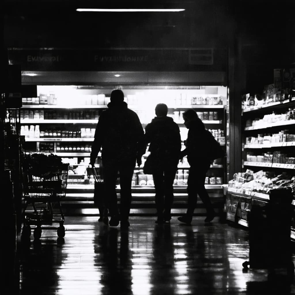 "Envision a dimly lit and lively supermarket, depicted in the high contrast and grainy texture of a classic black and white film. The lighting is moody, casting long shadows that trail across the glossy floor. The camera navigates through the aisles in a noir style, guided by the stark lines of the shelves brimming with a monochromatic palette. Customers of all ages animate the scene with exaggerated movements, their faces expressing awe and confusion as gravity inexplicably reverses. Items