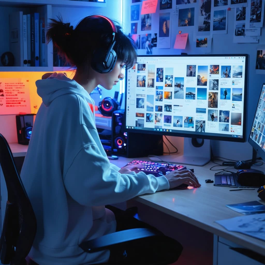 Envision a wallpaper that captures the essence of a person engulfed in the digital world, sitting at a wide desk illuminated by the soft, diffused glow from a computer screen filled with 5-6 tabs open - Pinterest, Google Images, Notion, Instagram - each subtly adorned with their respective logos, blending harmoniously into the desktop wallpaper adorned with personal photos. This person exhibits an expression of being overwhelmed and distracted, with a hint of eye strain marked by subtle redness, surrounded by a cool-toned palette office space with tasteful pops of red. The scene is framed by an assortment of desk clutter, providing a creative composition with a sleek wireless mouse prominently placed. The background fades into darkness, enhancing the mood and drawing focus to the softly lit, animated flicker of the computer screen, which casts a glow that highlights the detailed textures of the icons. Incorporate a subtle depth of field effect to add dimension, carefully balancing the busy elements to create a visual hierarchy that feels both calming and aesthetically pleasing.